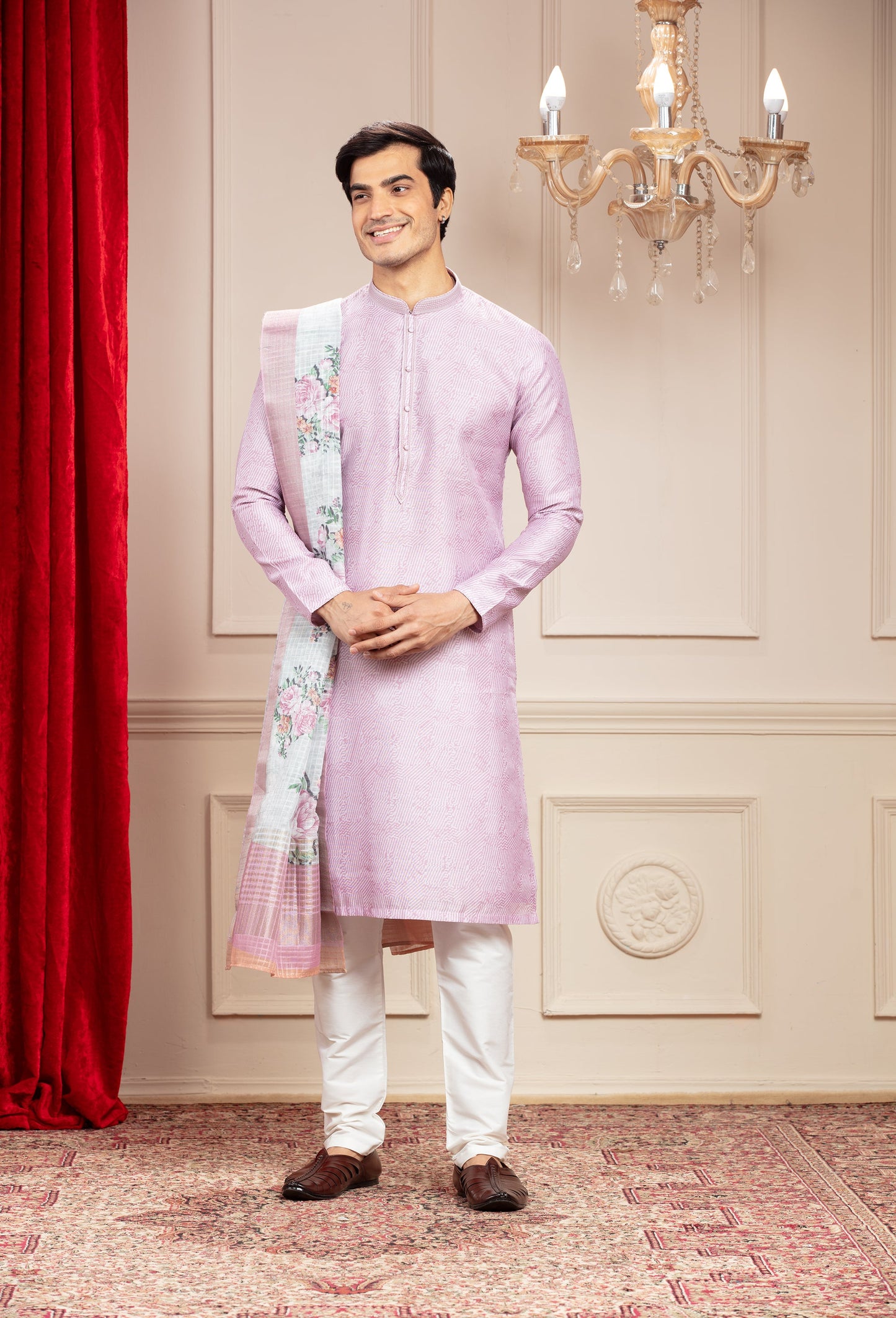 Lilac kurta with floral Dupatta and white trousers