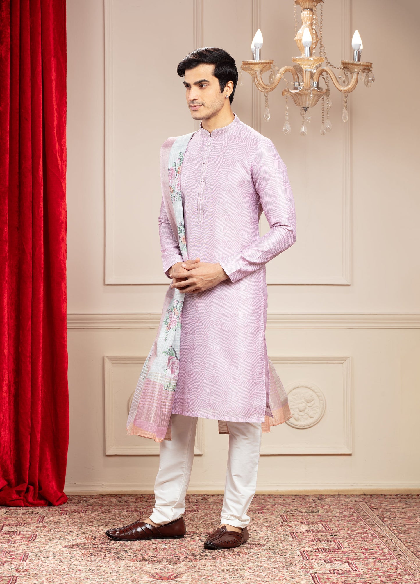 Lilac kurta with floral Dupatta and white trousers