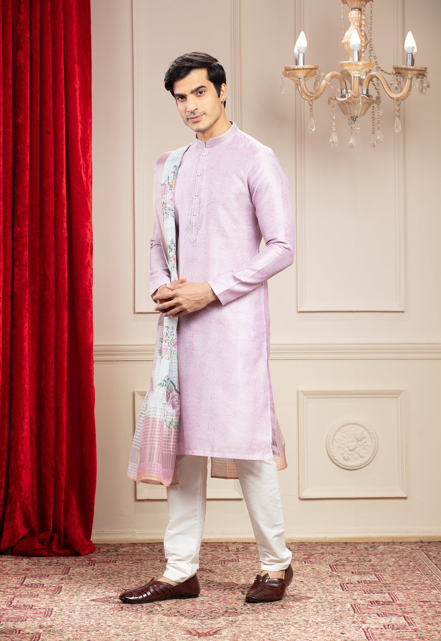 Lilac kurta with floral Dupatta and white trousers