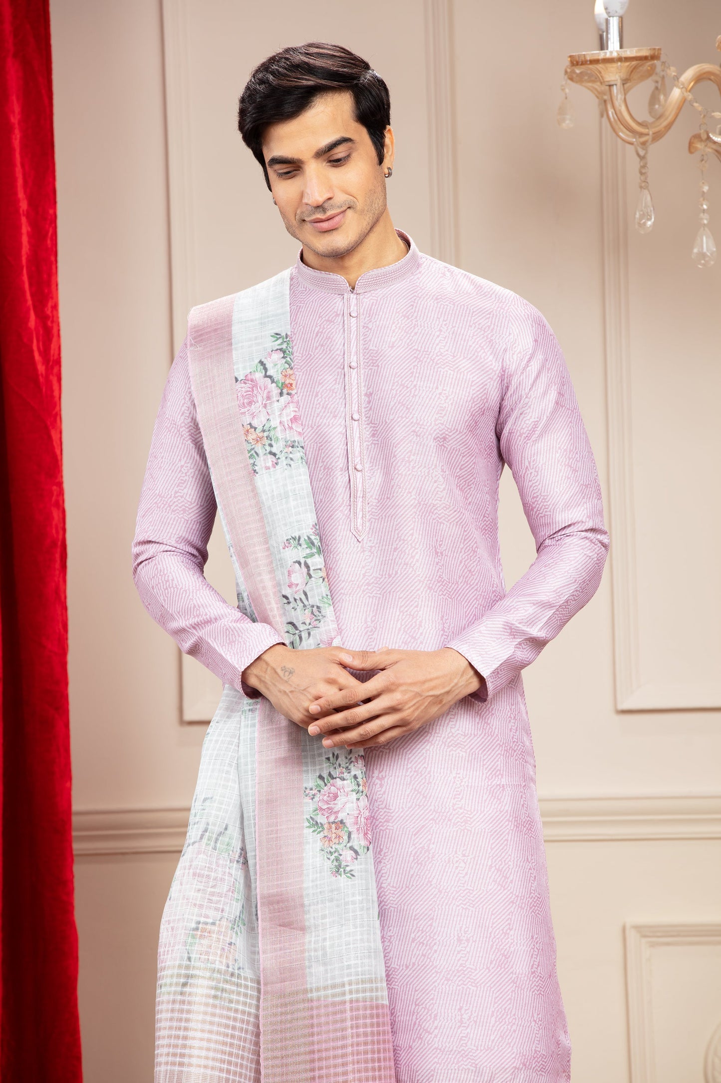 Lilac kurta with floral Dupatta and white trousers