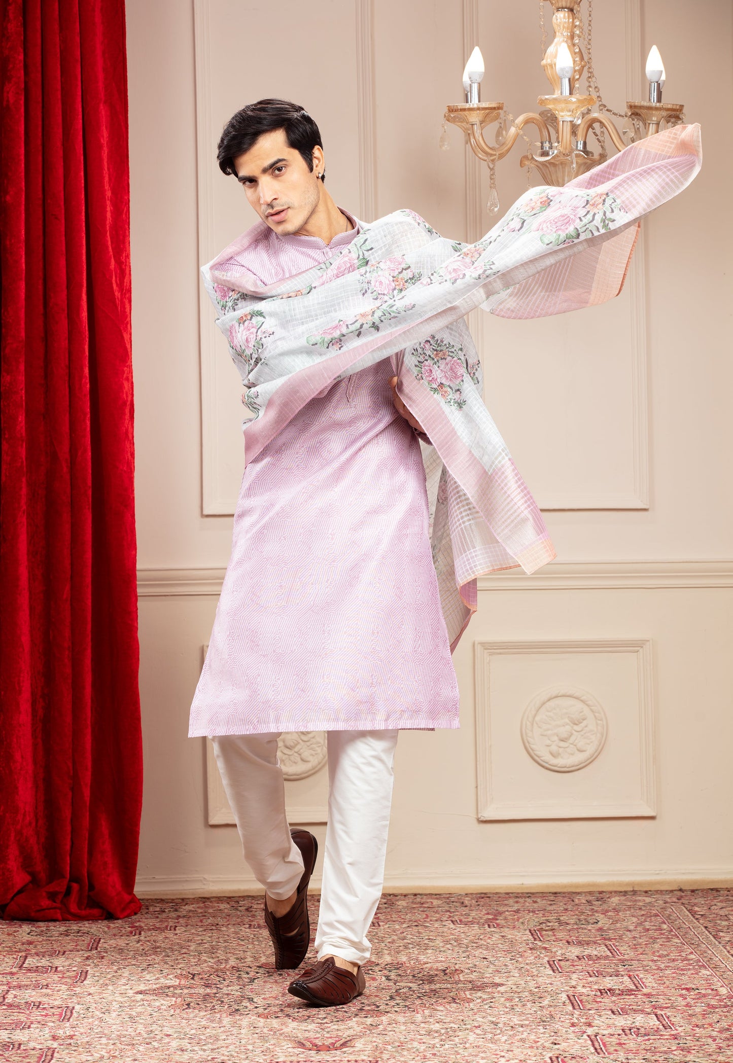 Lilac kurta with floral Dupatta and white trousers