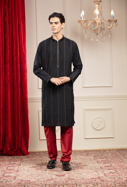 Black Full sleeves Kurta with Thread work & Red pajama