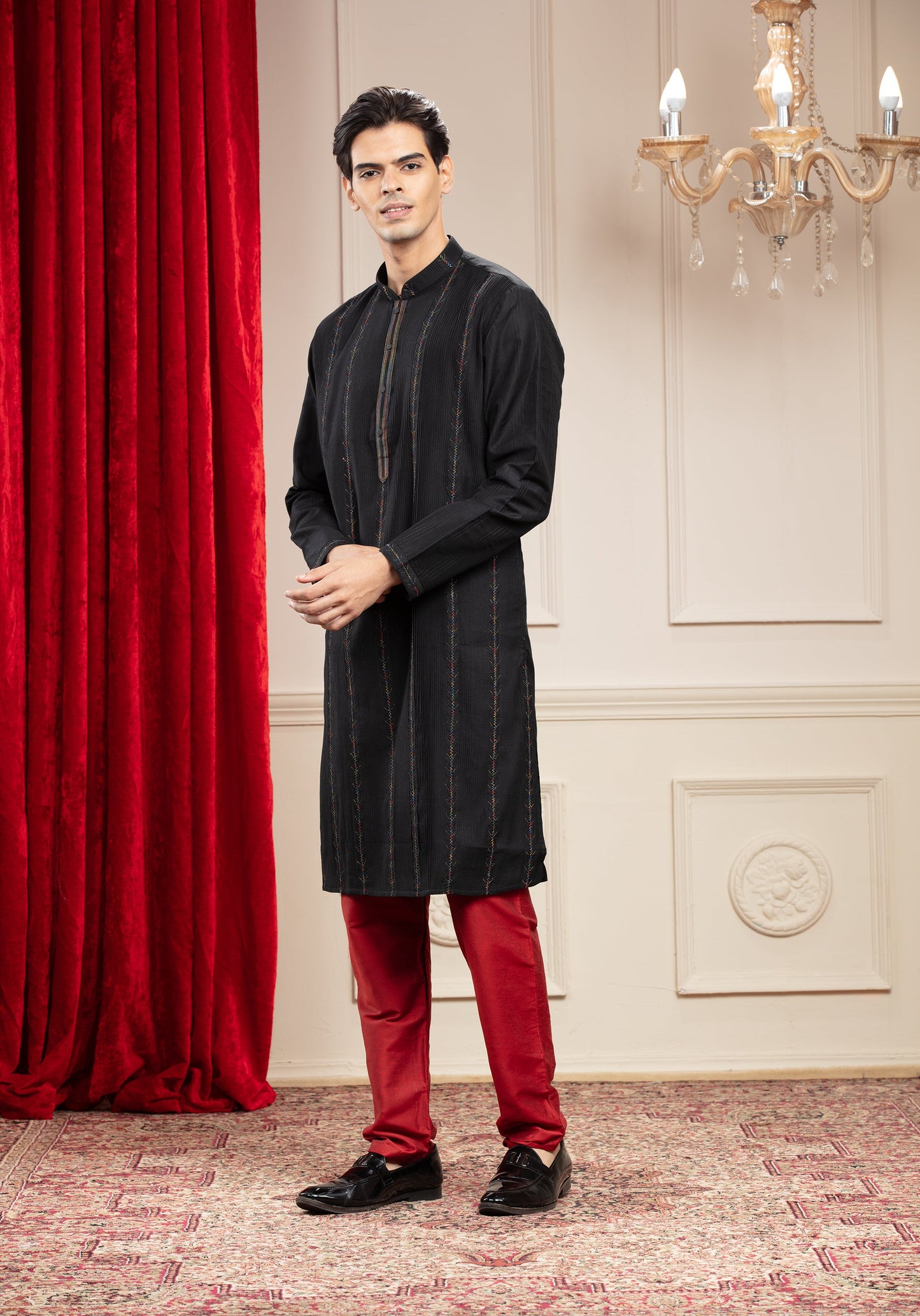 Black Full sleeves Kurta with Thread work & Red pajama
