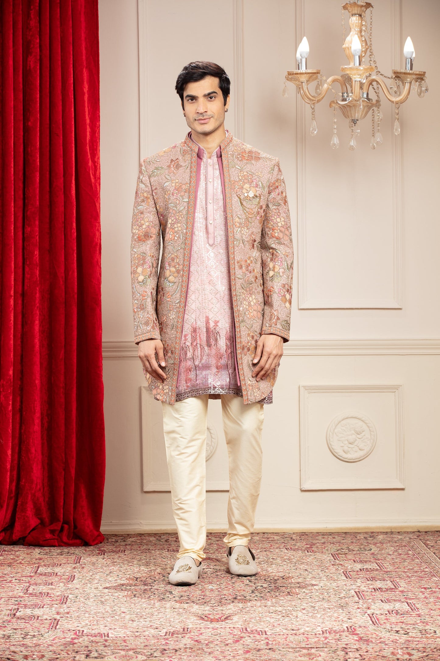 Multicoloured tie die printed lucknowi open Kurta Jacket Set