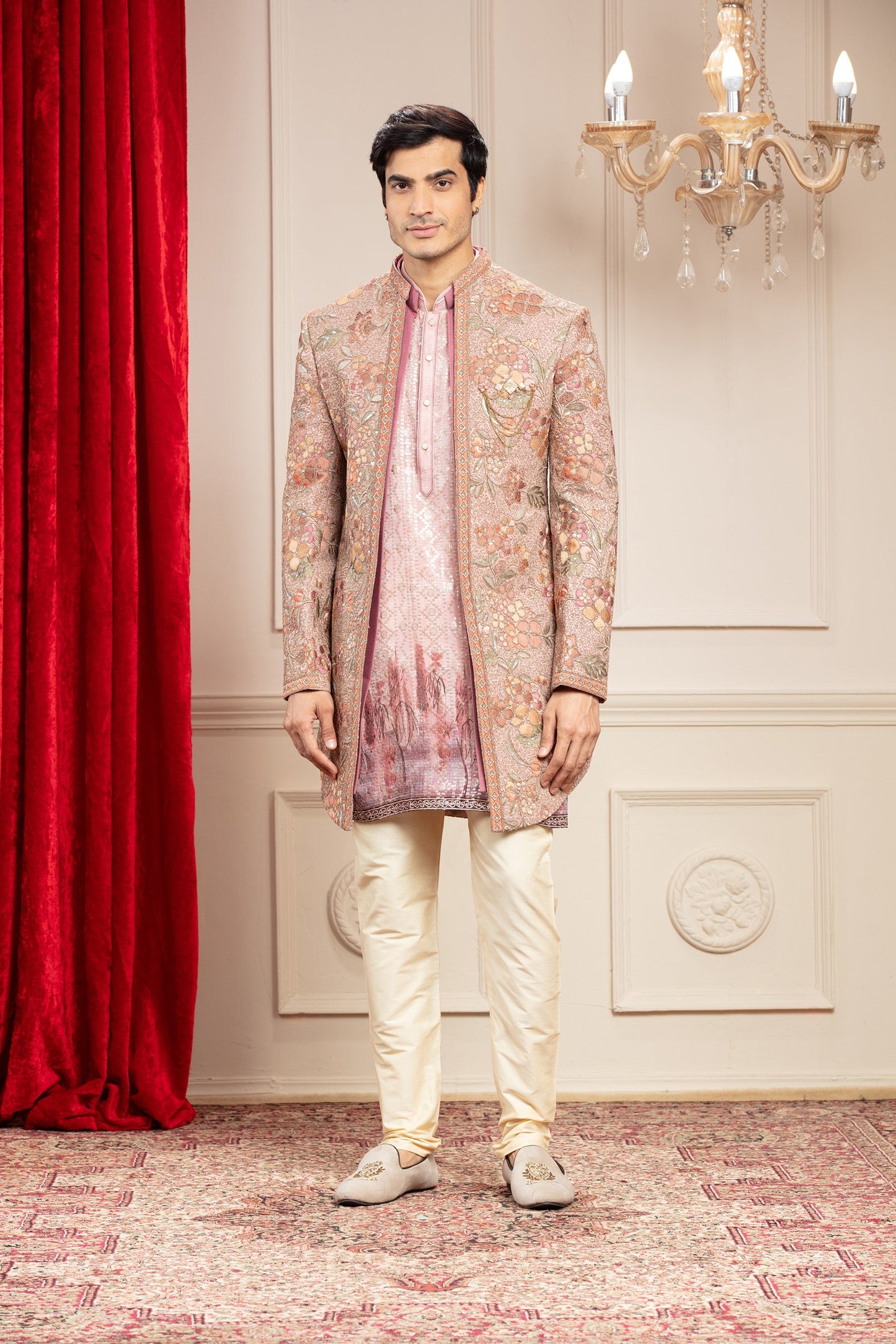 Multicoloured tie die printed lucknowi open Kurta Jacket Set