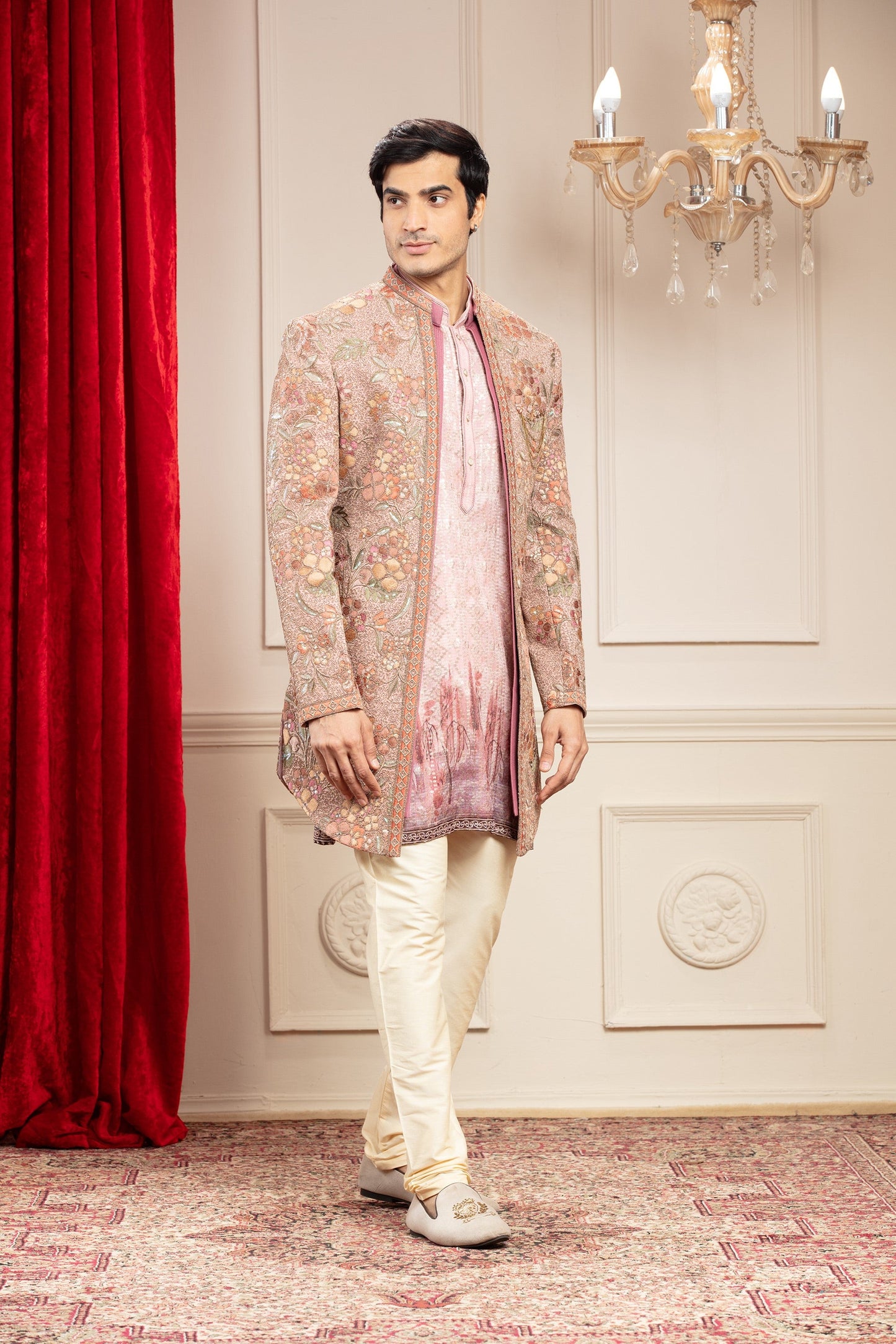 Multicoloured tie die printed lucknowi open Kurta Jacket Set