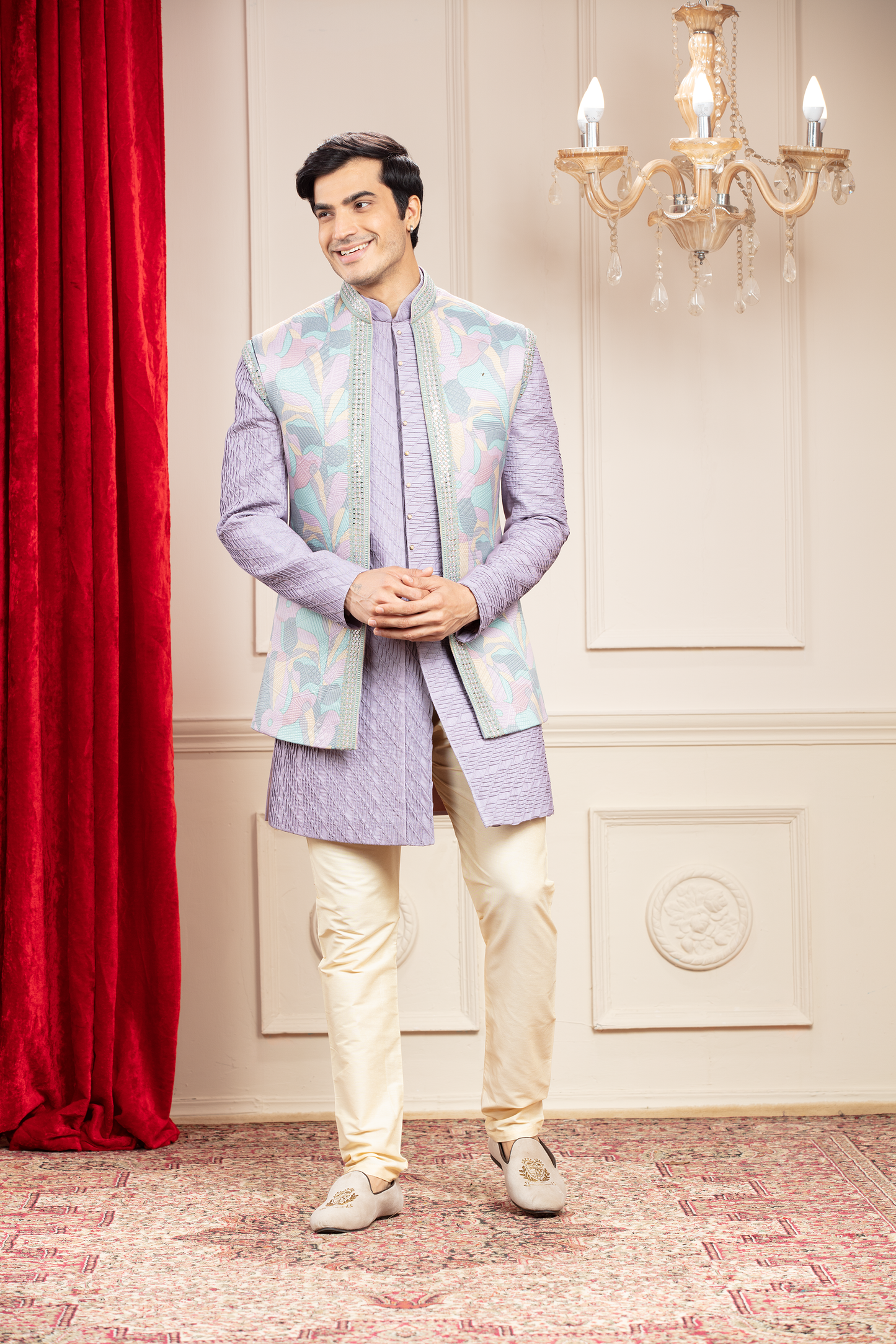 Pale Lilac Open Indo western set with sleeveless floral jacket