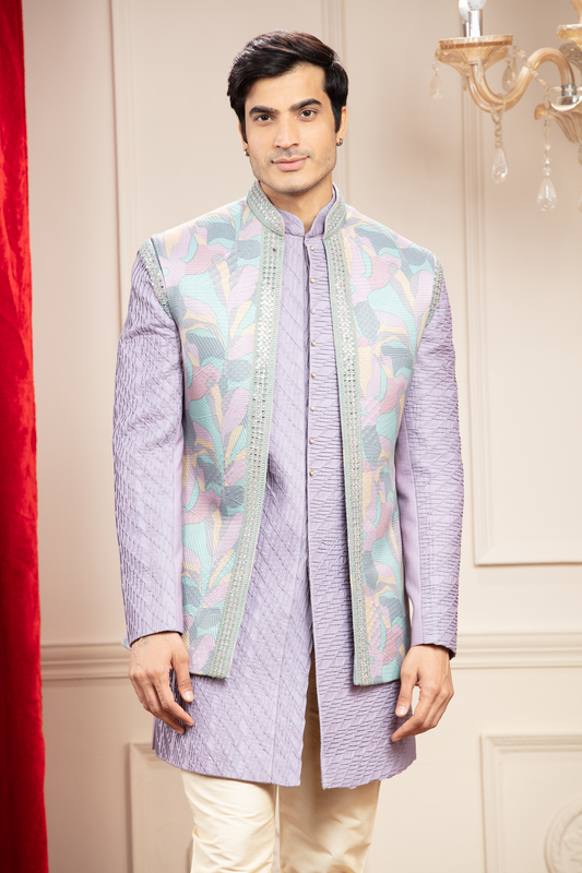 Pale Lilac Open Indo western set with sleeveless floral jacket