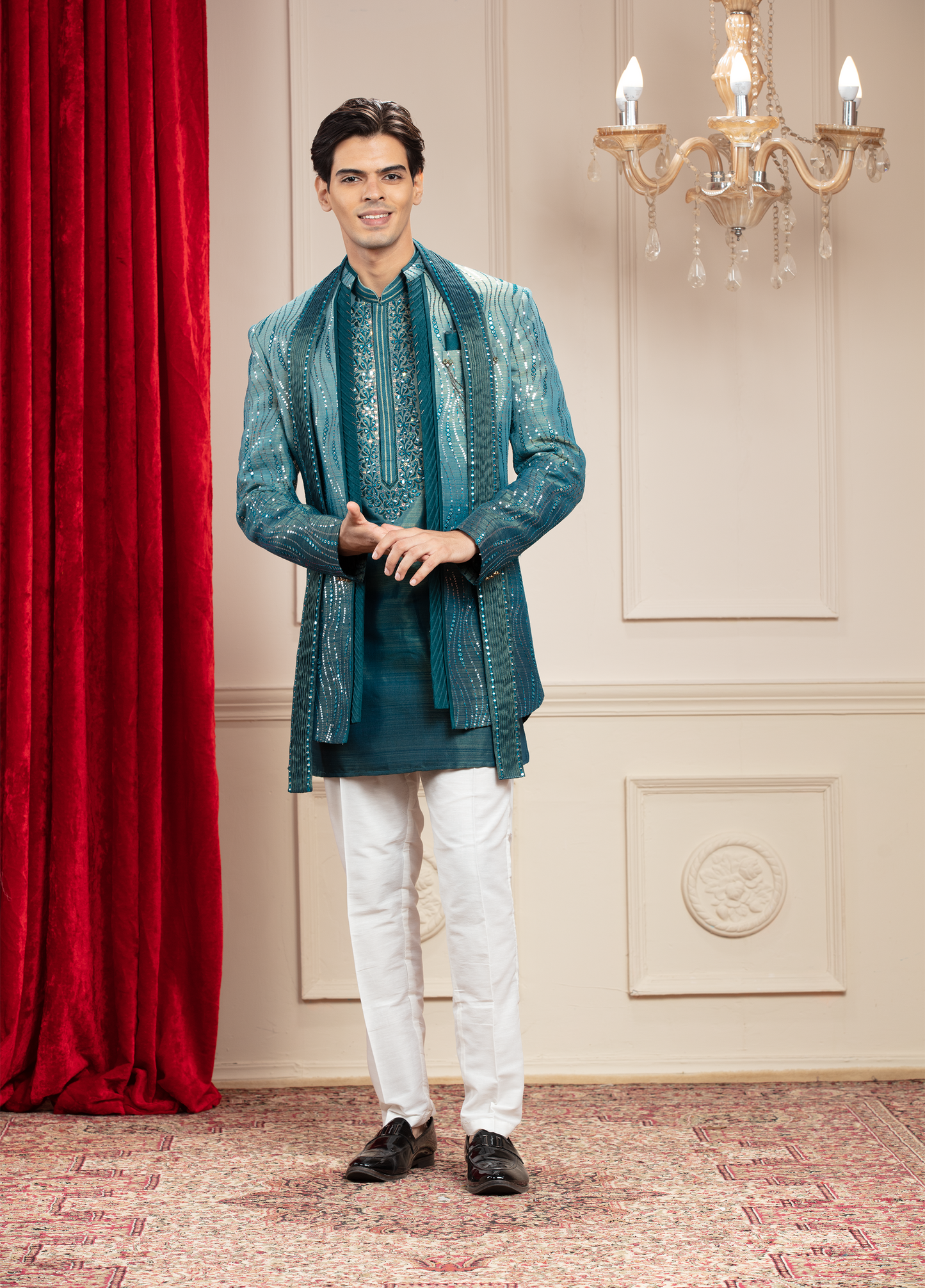 Teal Ombre Open Jodhpuri Set with sequins work and matching Dupatta