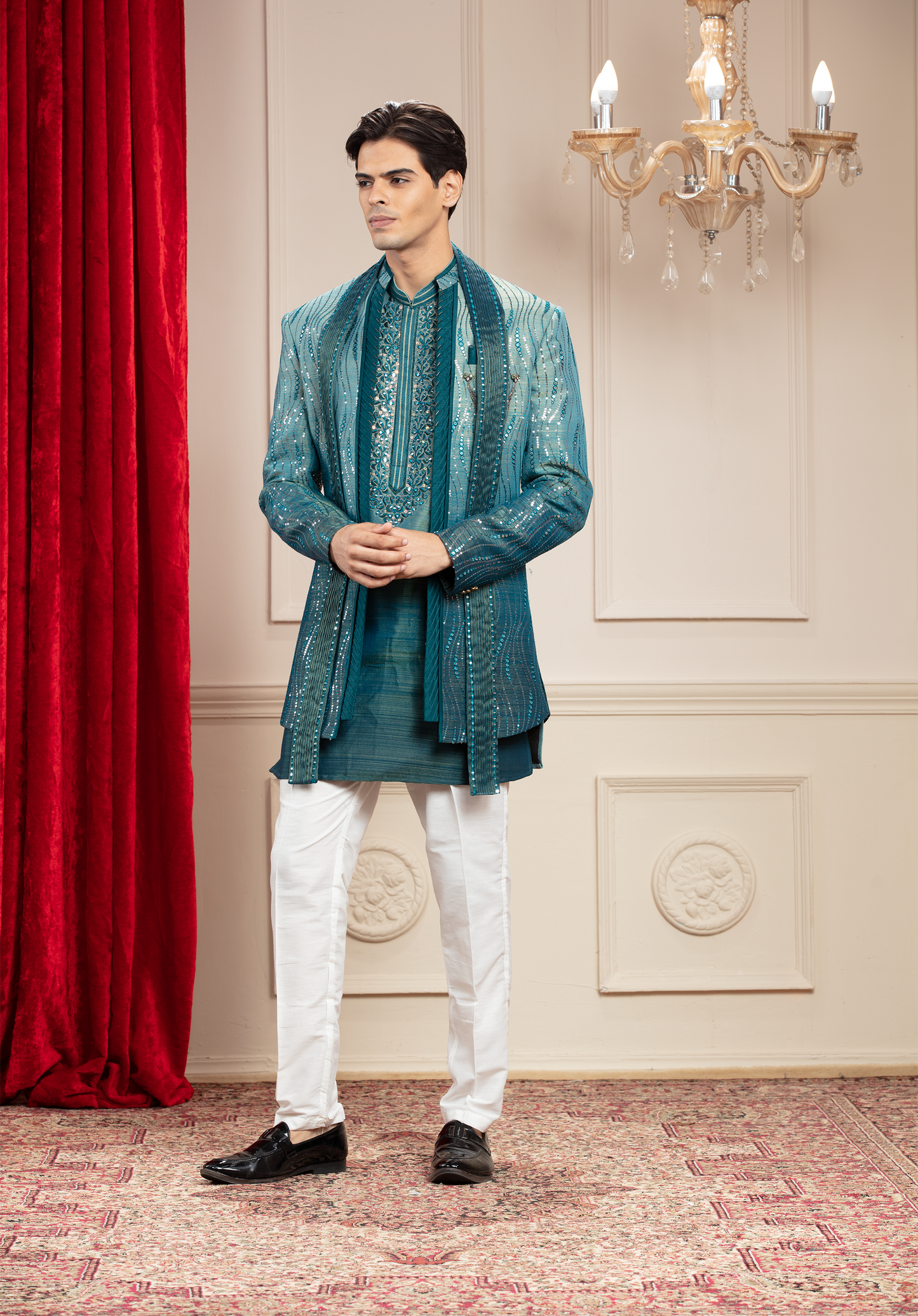 Teal Ombre Open Jodhpuri Set with sequins work and matching Dupatta