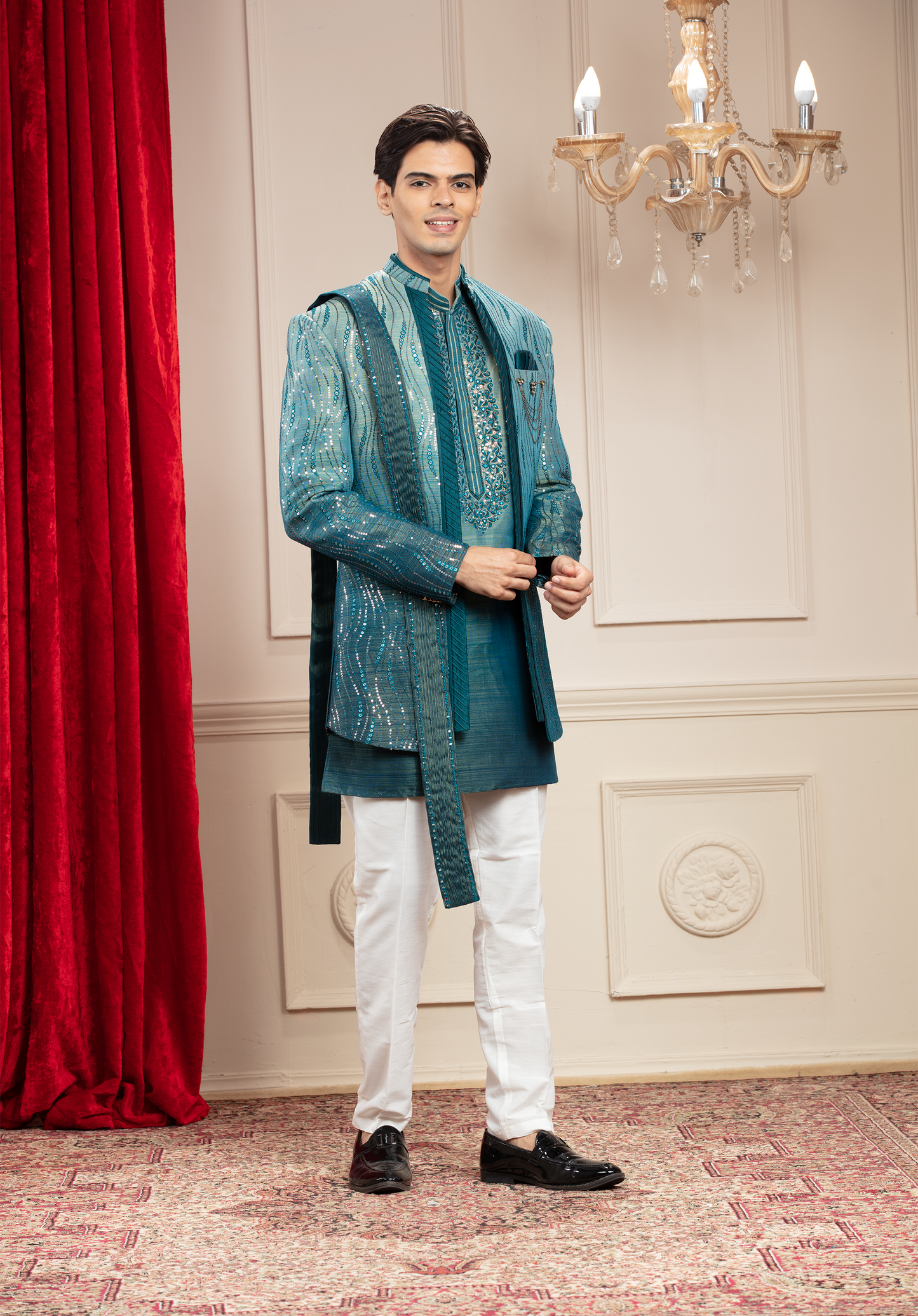 Teal Ombre Open Jodhpuri Set with sequins work and matching Dupatta