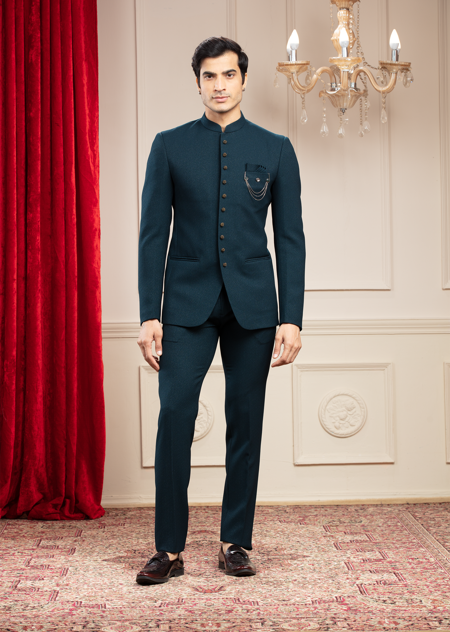 Deep Green Jodhpuri Set with metal buttons and embellishments