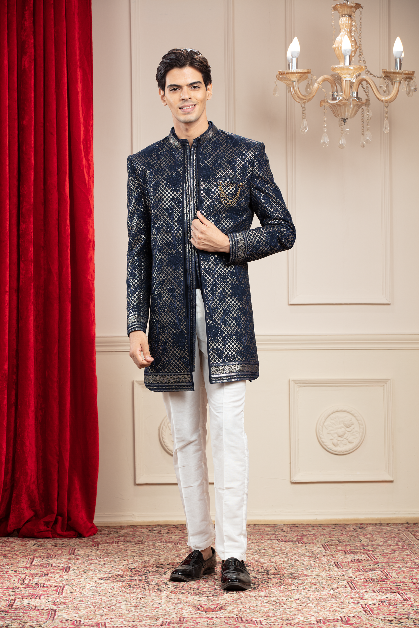 Midnight Blue Open Indo Western set with Jacquart fabric