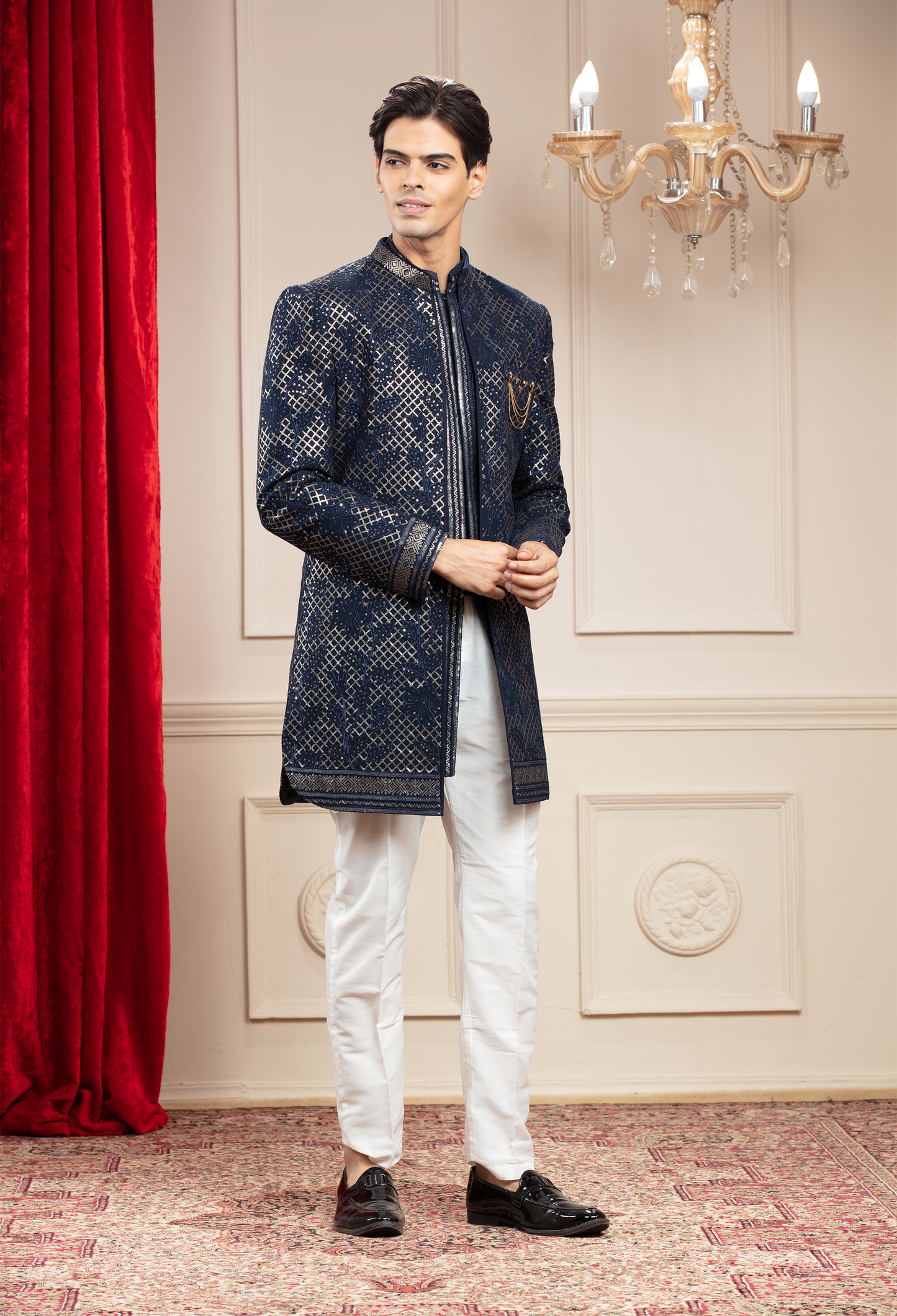 Midnight Blue Open Indo Western set with Jacquart fabric