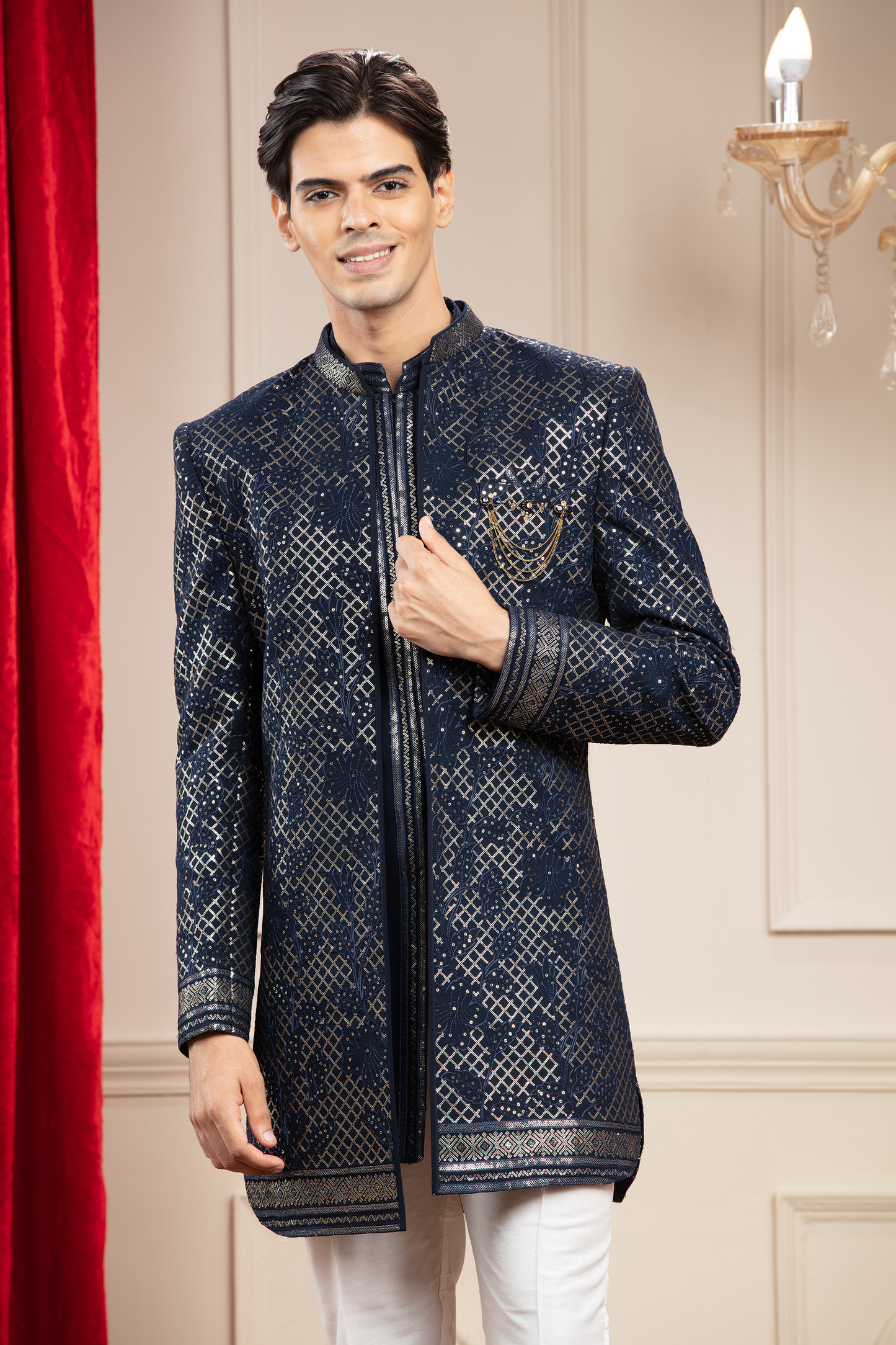 Midnight Blue Open Indo Western set with Jacquart fabric