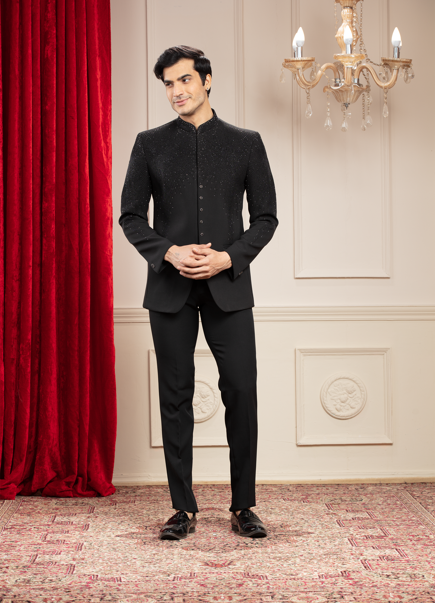 Coal Black Jodhpuri with Imported Japanese Fabric and cutdana work