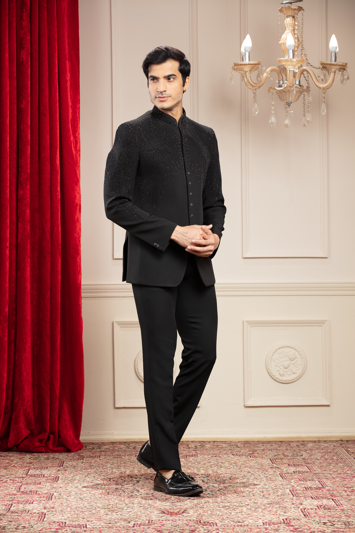 Coal Black Jodhpuri with Imported Japanese Fabric and cutdana work