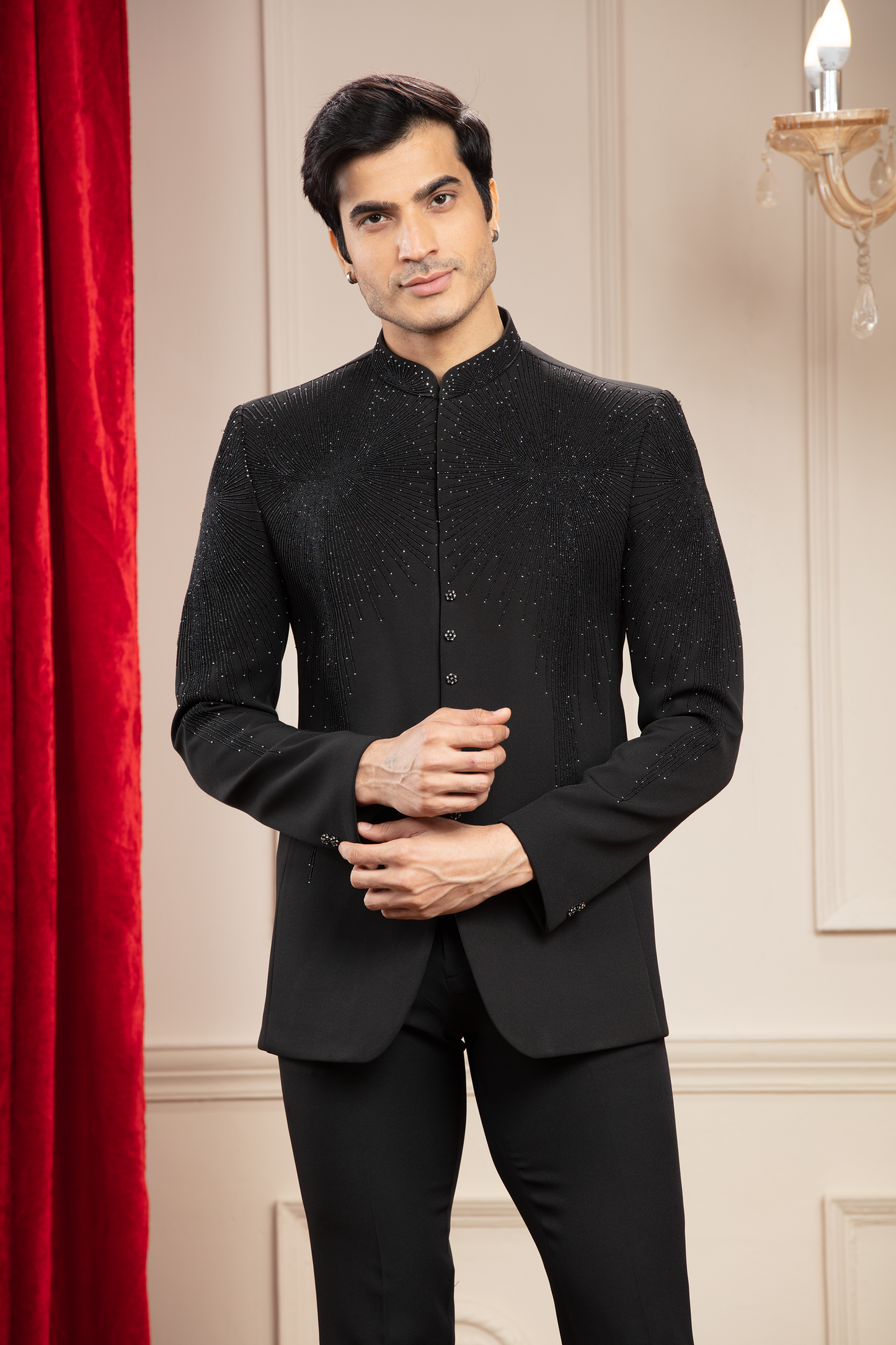 Coal Black Jodhpuri with Imported Japanese Fabric and cutdana work