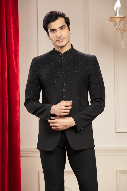 Coal Black Jodhpuri with Imported Japanese Fabric and cutdana work