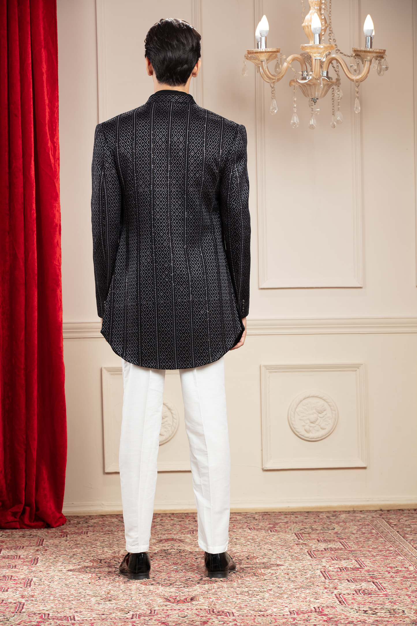 Sage Black Open Indo Western set with lucknowi sequins and brooch