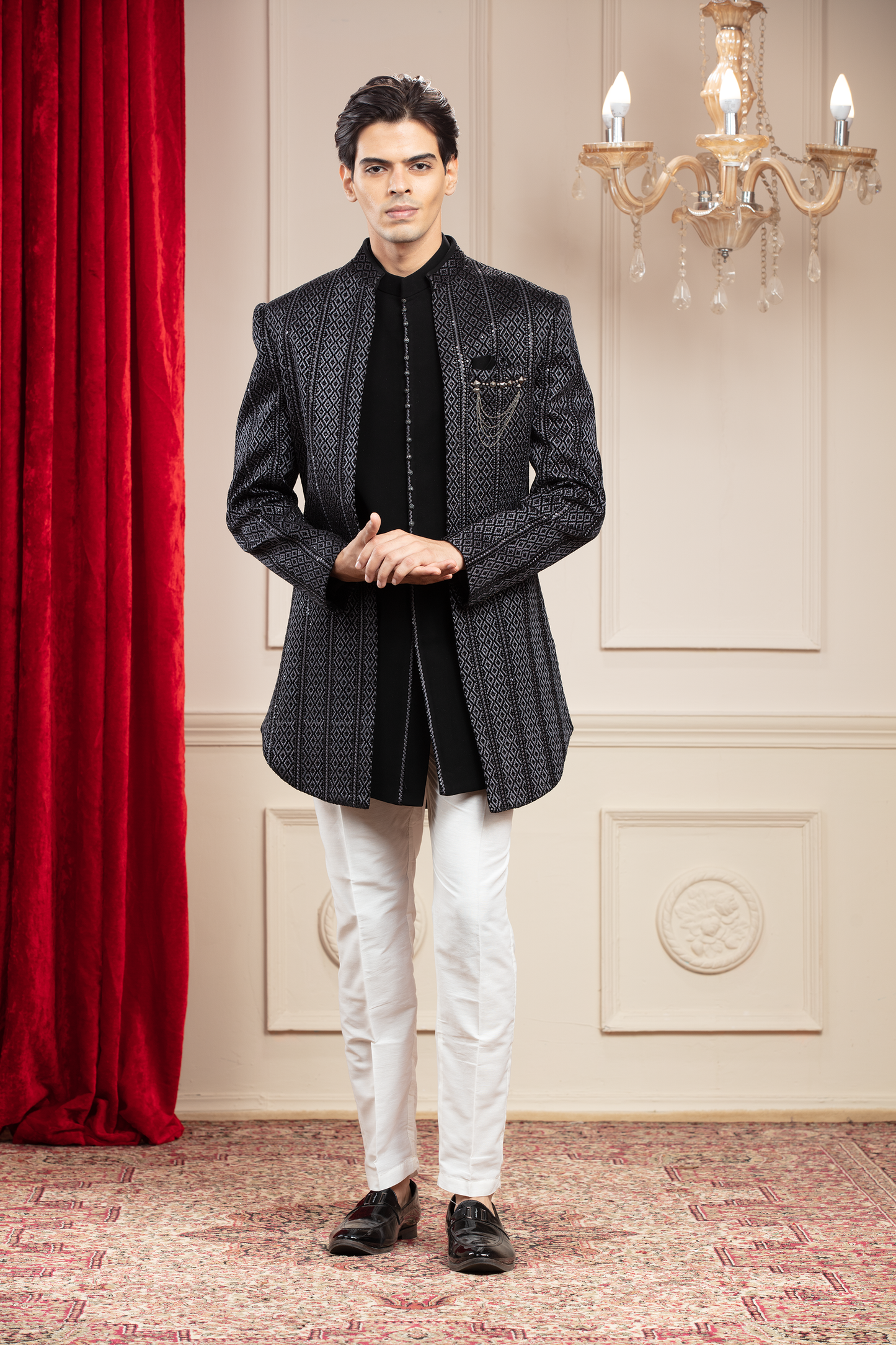 Sage Black Open Indo Western set with lucknowi sequins and brooch