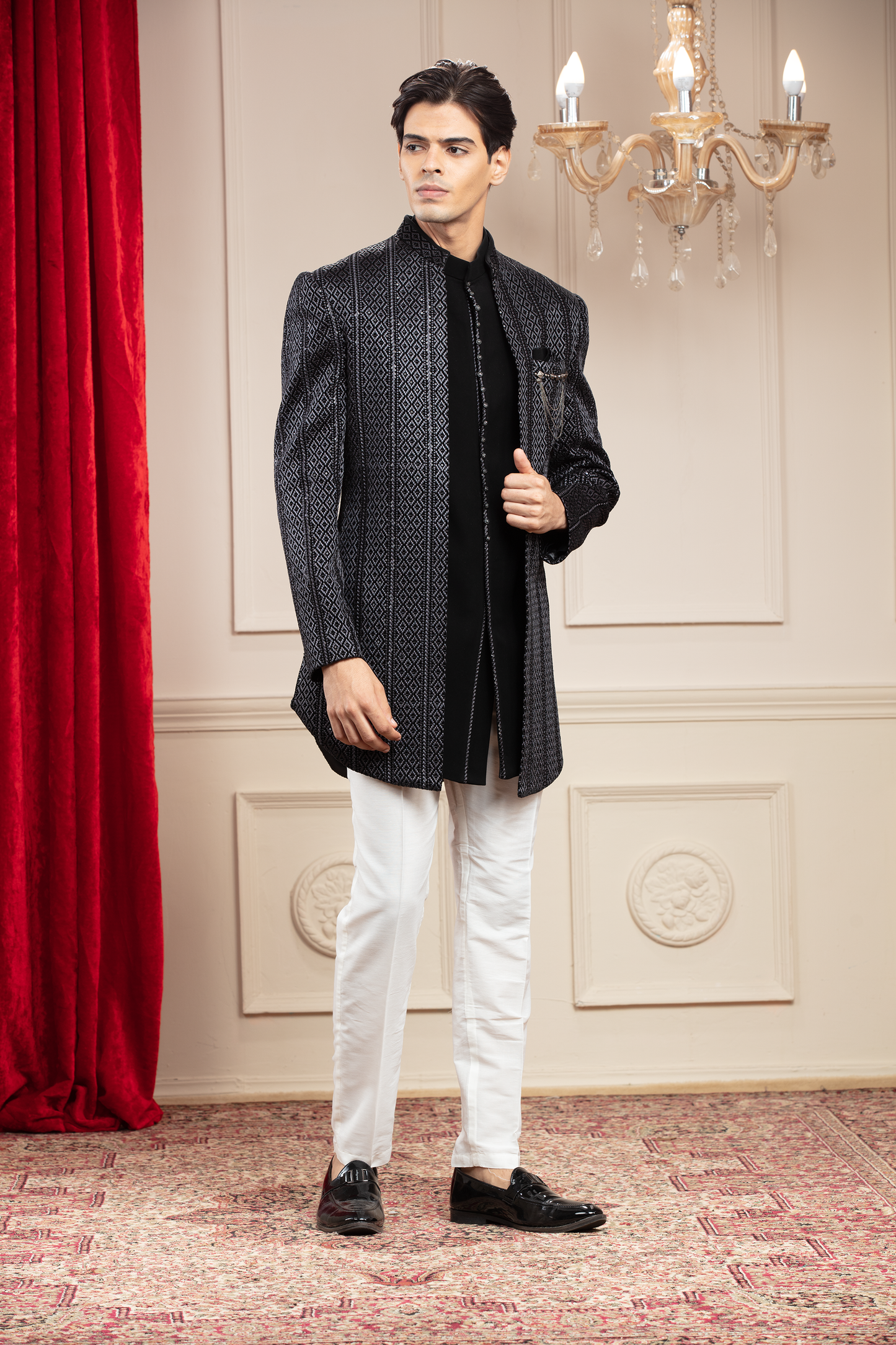 Sage Black Open Indo Western set with lucknowi sequins and brooch