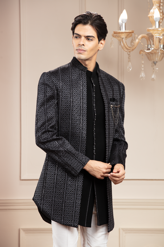 Sage Black Open Indo Western set with lucknowi sequins and brooch