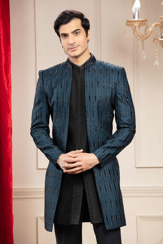 Bean Blue Open Indo Western set with cutdana and sequins work