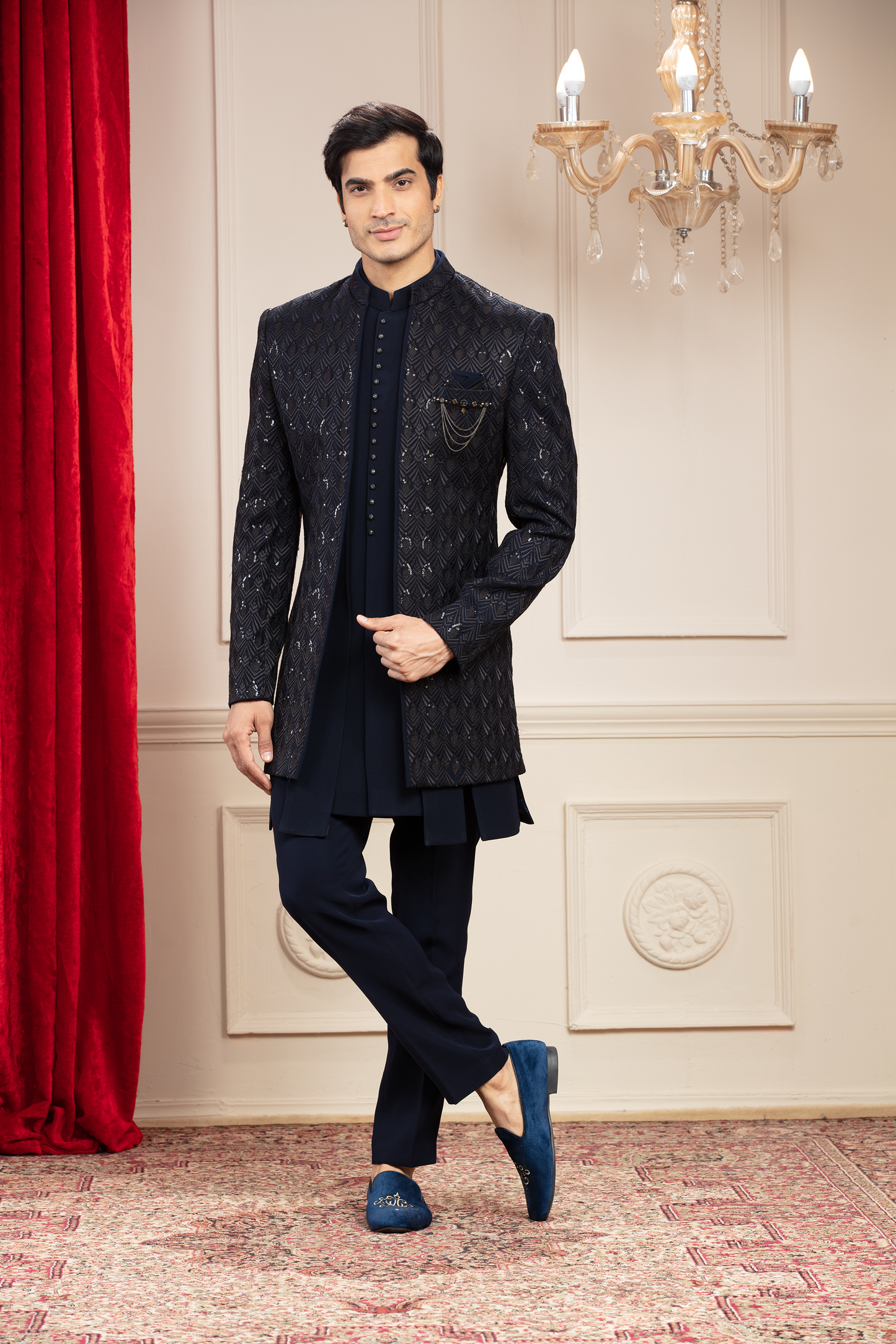 Charcoal Black Short Indo western set with sequins work