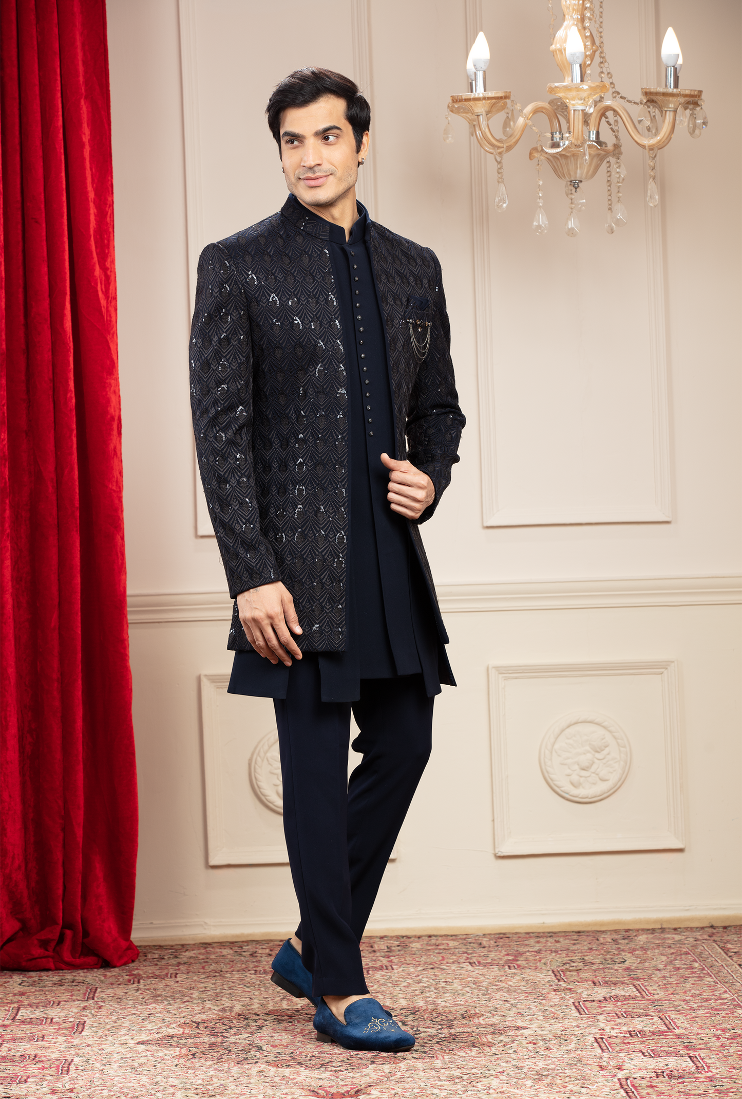 Charcoal Black Short Indo western set with sequins work