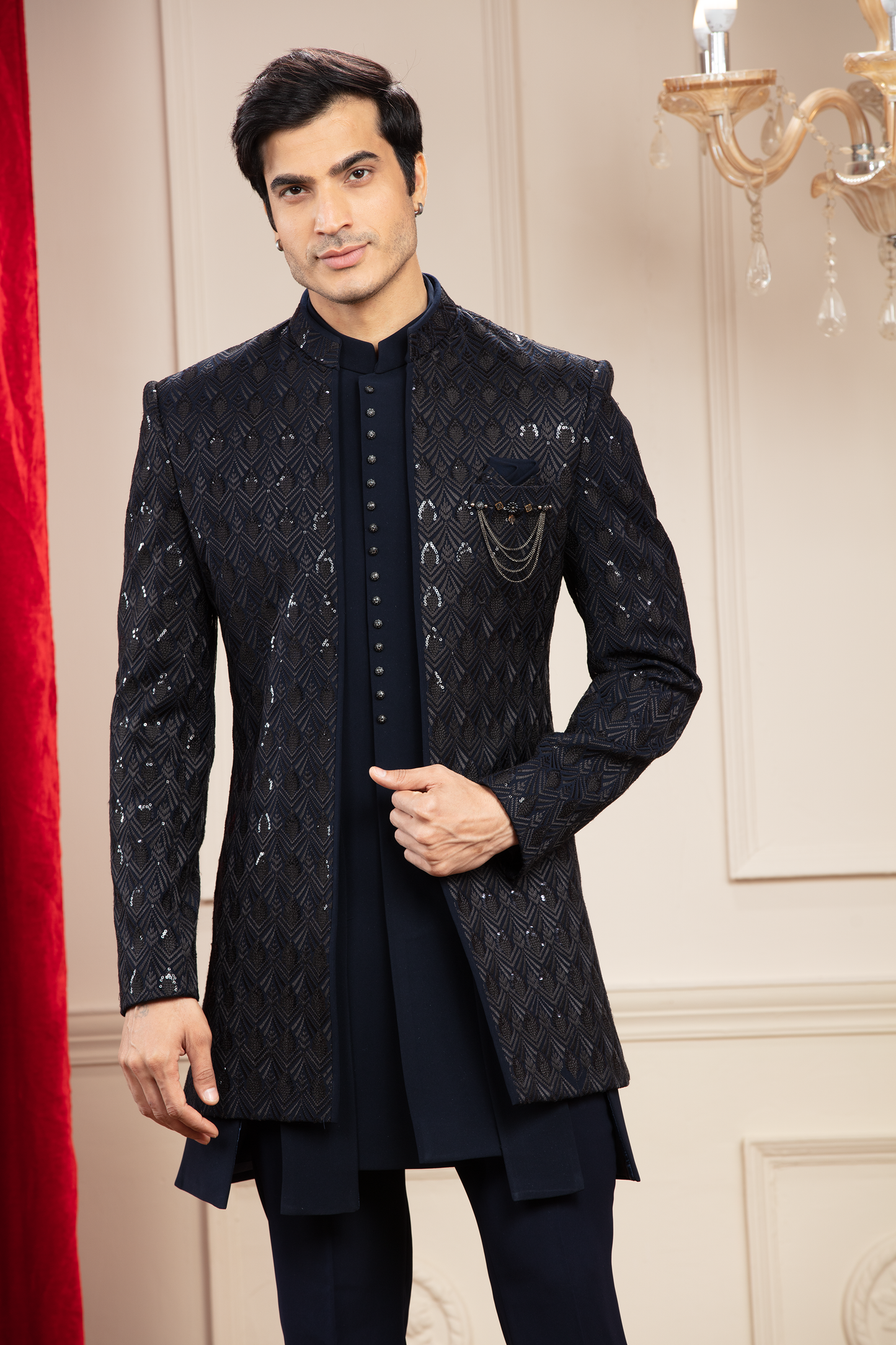 Jet Black Short Open Indo western with sequins cutdana work