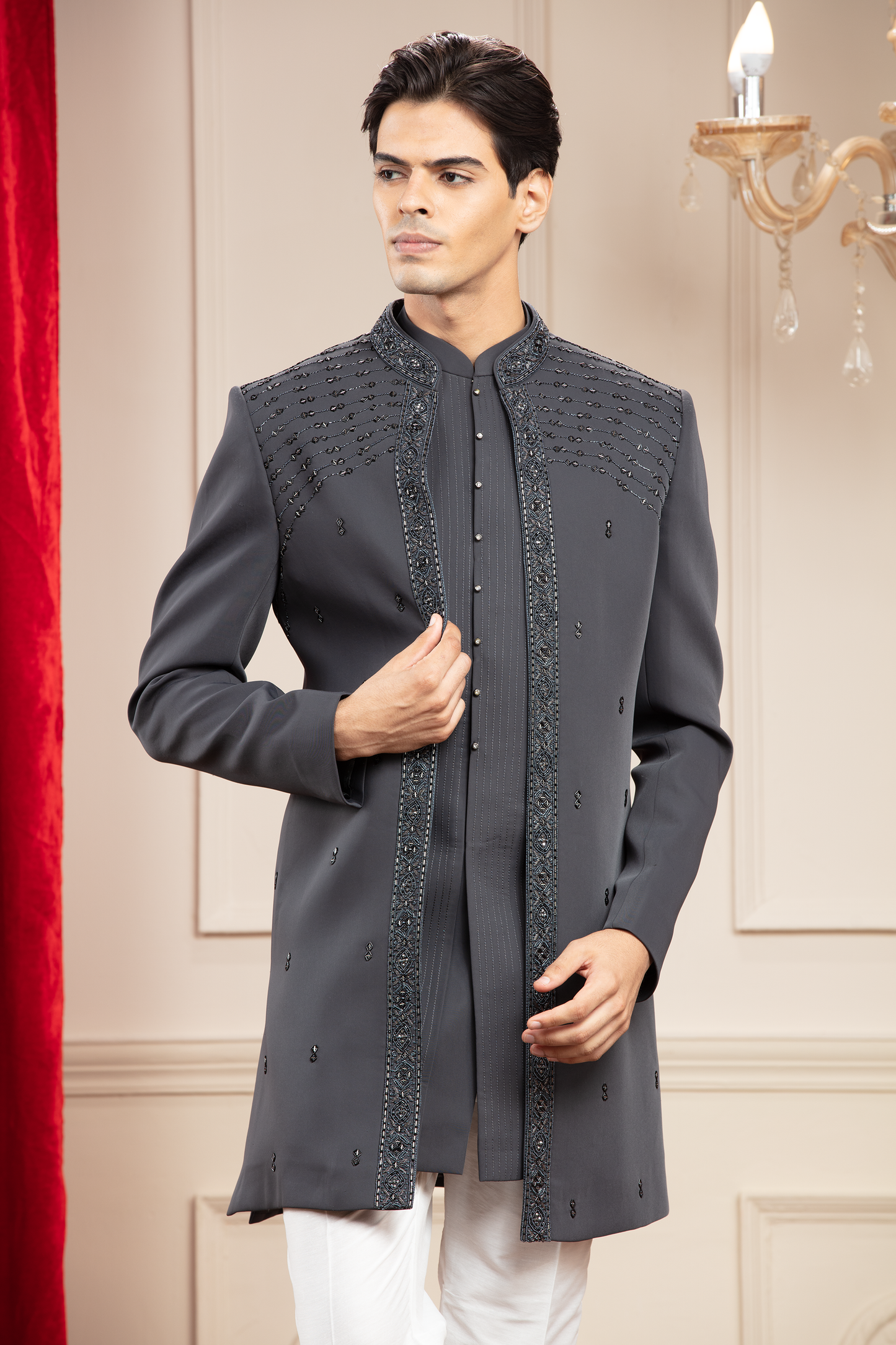 Slate Grey open Indo western kurta set with cutdana work borders