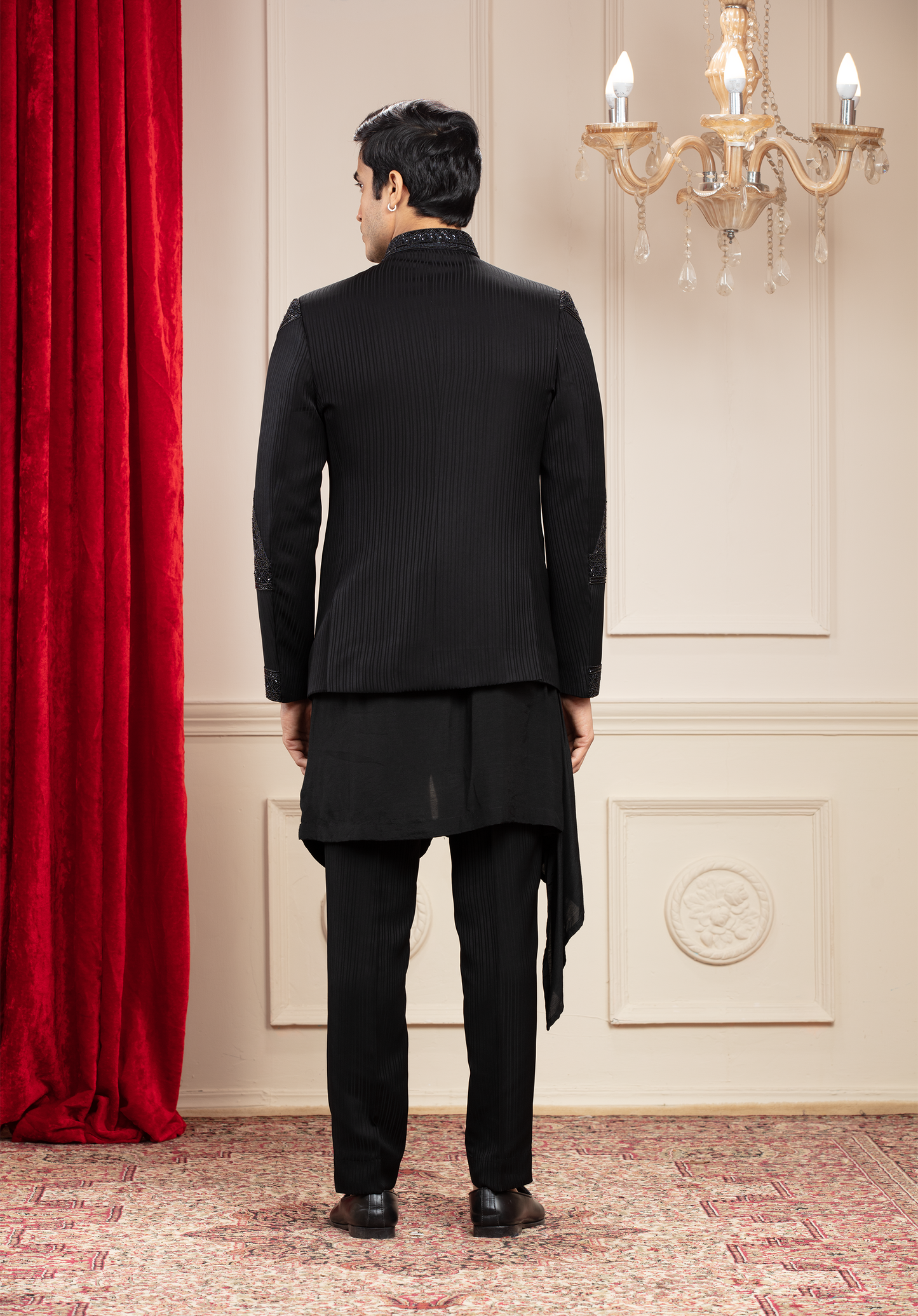 Jet Black Jodhpuri with geometrical Mirror work