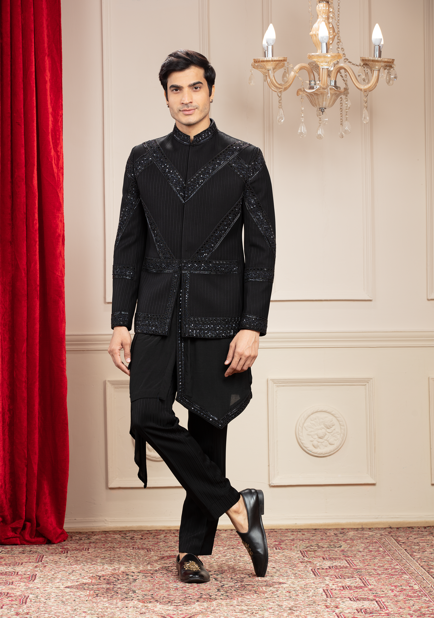Jet Black Jodhpuri with geometrical Mirror work