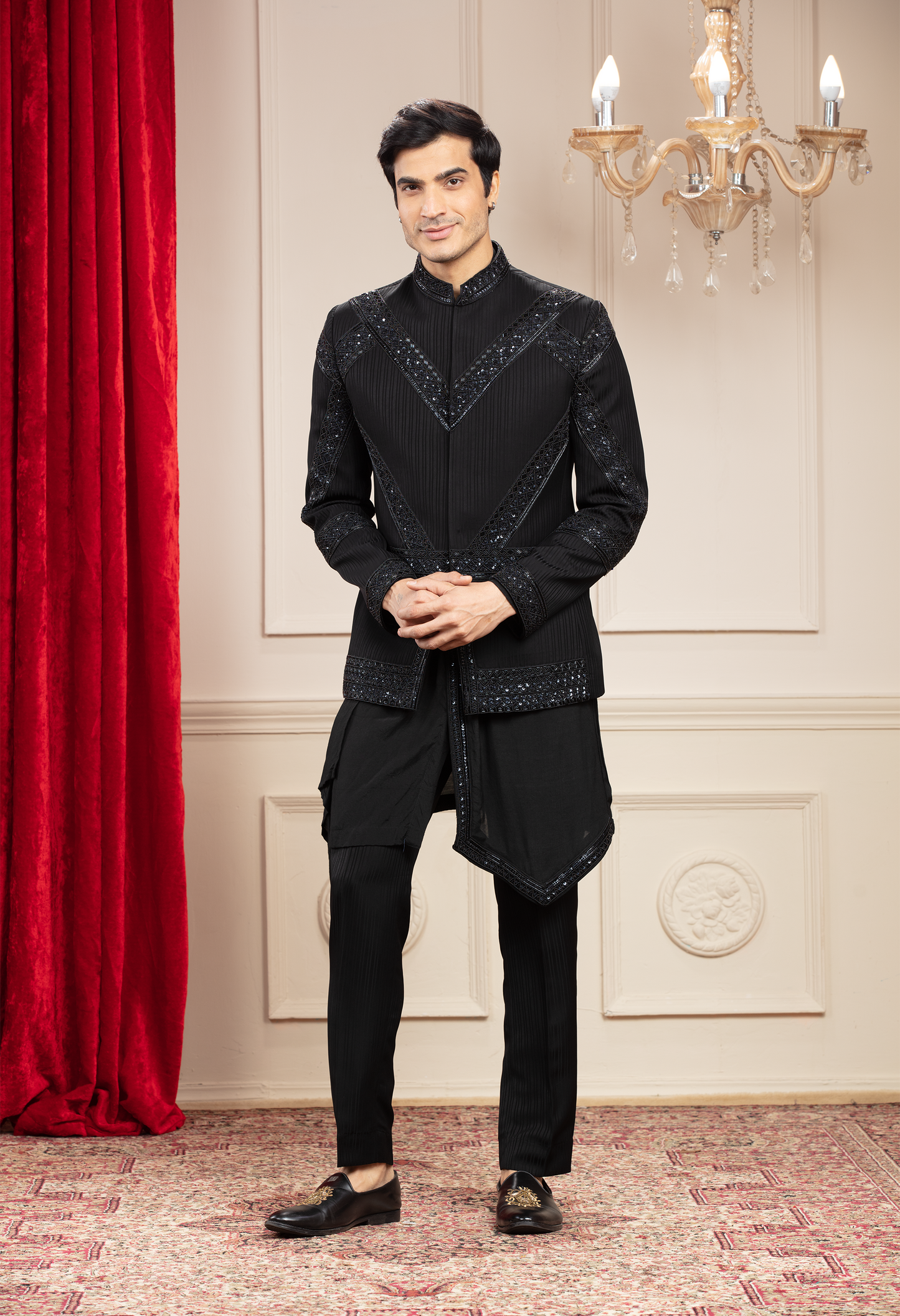 Jet Black Jodhpuri with geometrical Mirror work