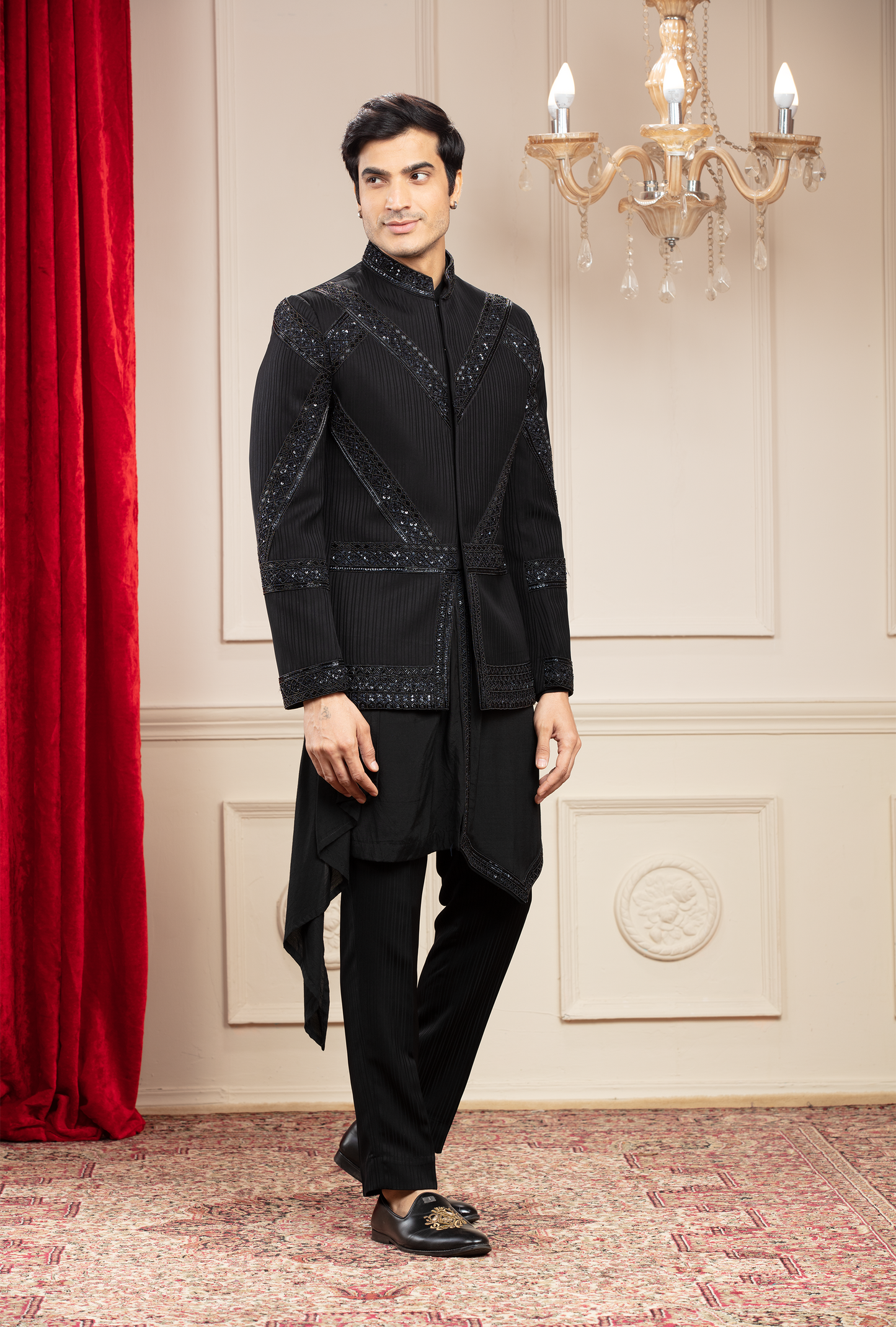 Jet Black Jodhpuri with geometrical Mirror work