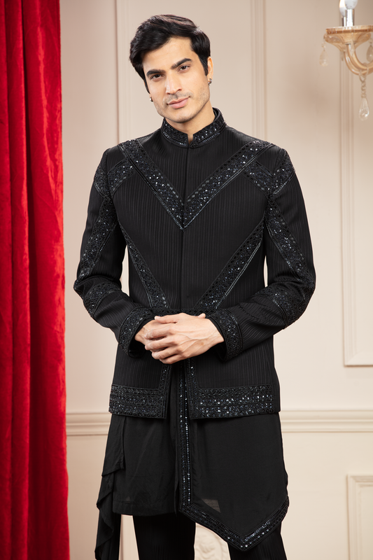 Jet Black Jodhpuri with geometrical Mirror work