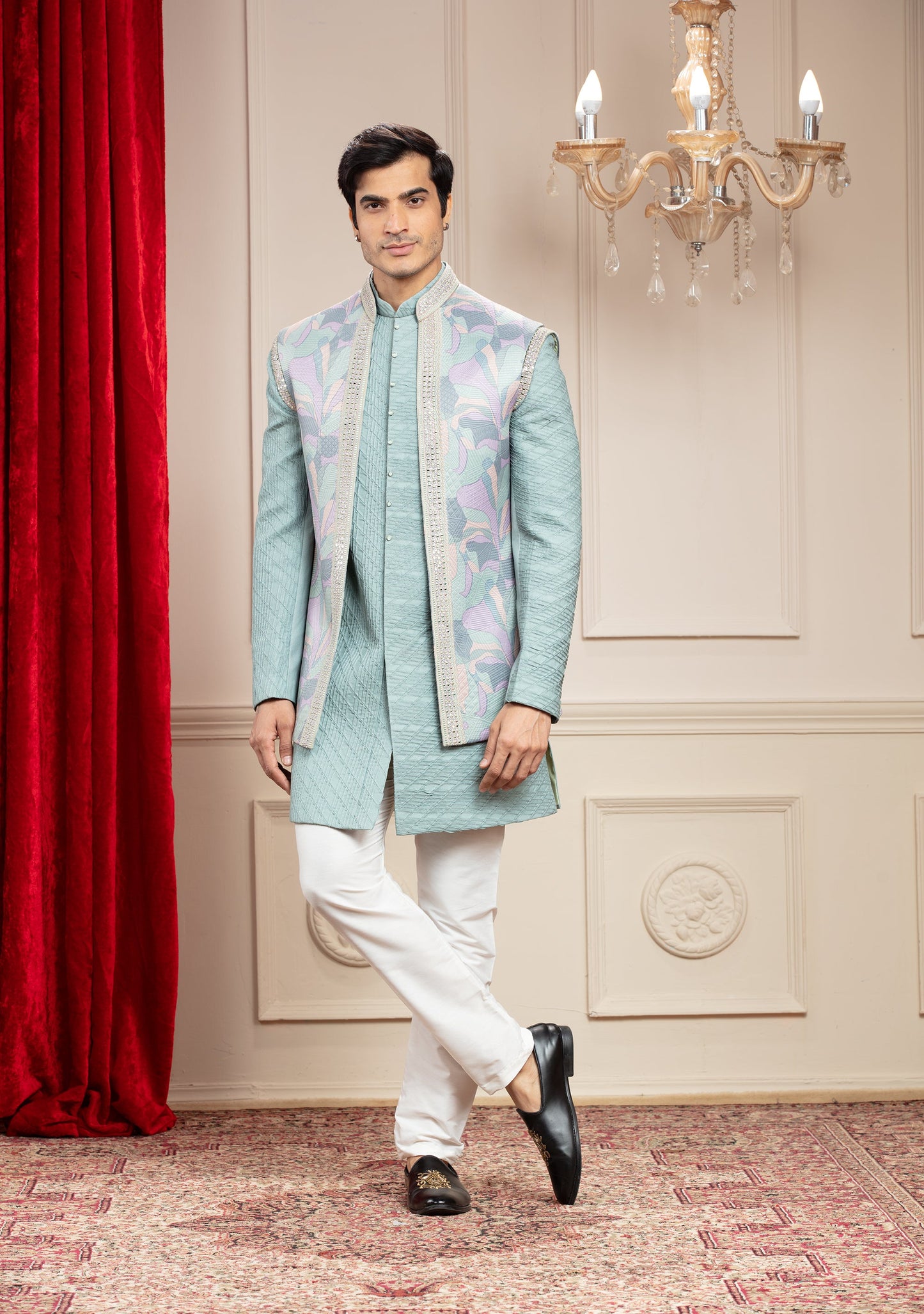 Pastel sea green Open Indo Western with floral jacket and resham self work