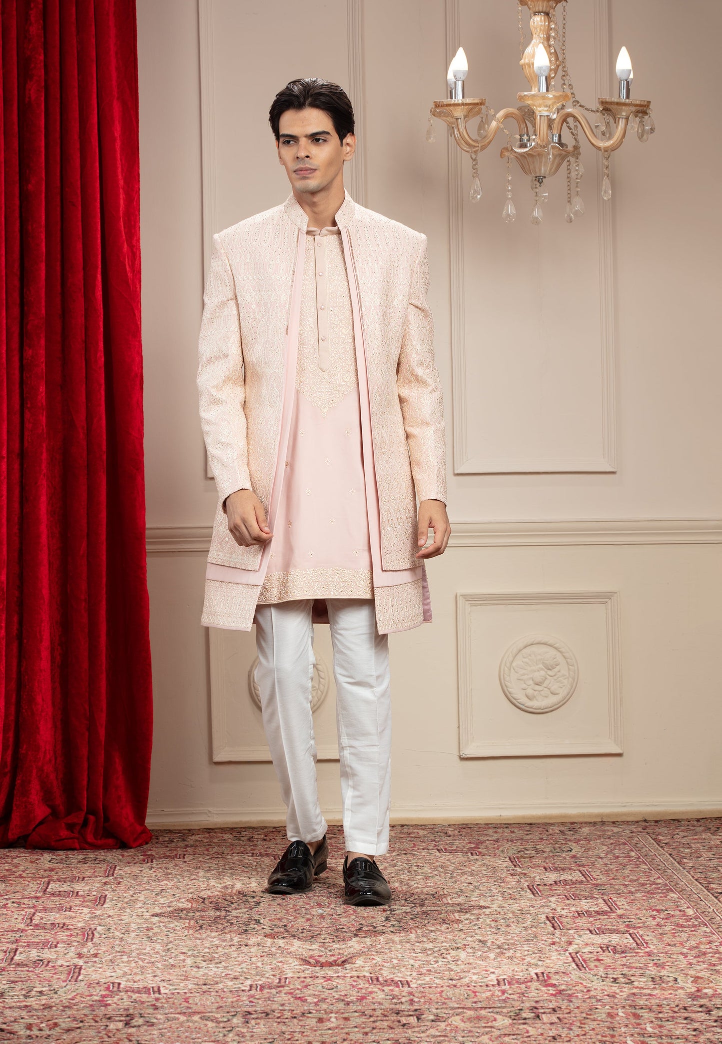 Light Melon Peach 2 layered open Indo western with resham work