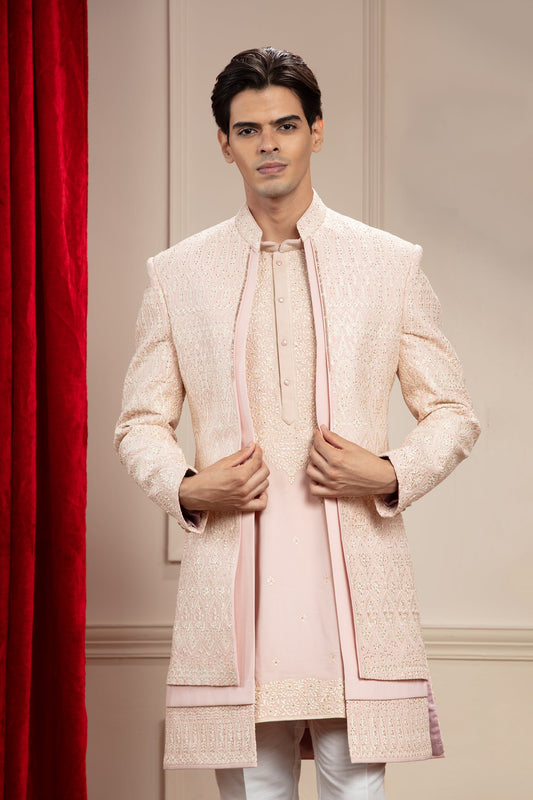 Light Melon Peach 2 layered open Indo western with resham work