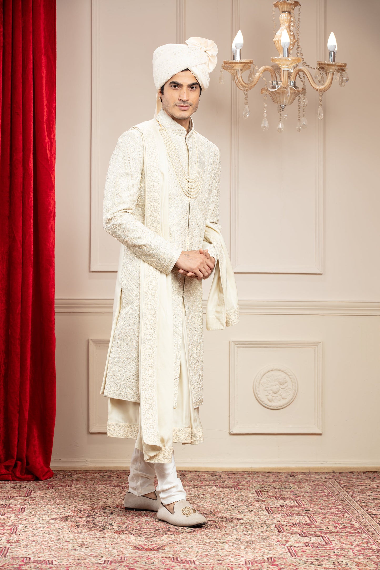 Cream White Anarkali Sherwani with matching Dupatta & embellishments