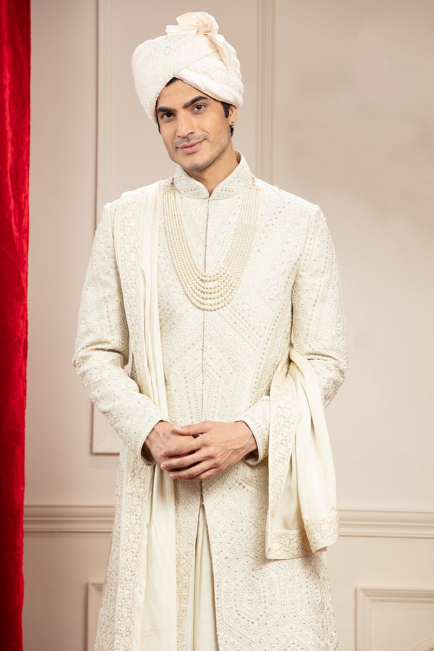 Cream White Anarkali Sherwani with matching Dupatta & embellishments