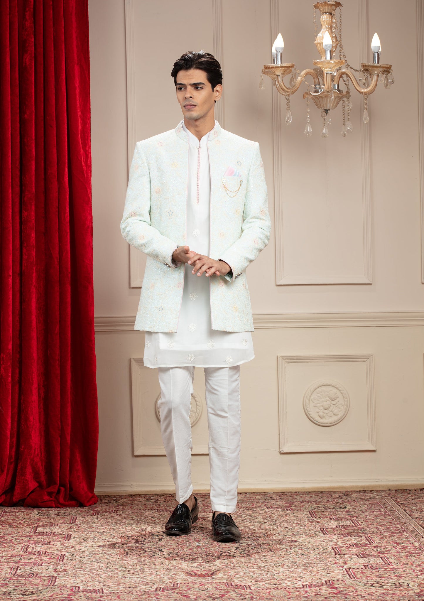 Pearl White and Ice Blue Open Jodhpuri with Resham and thread work with embellishments