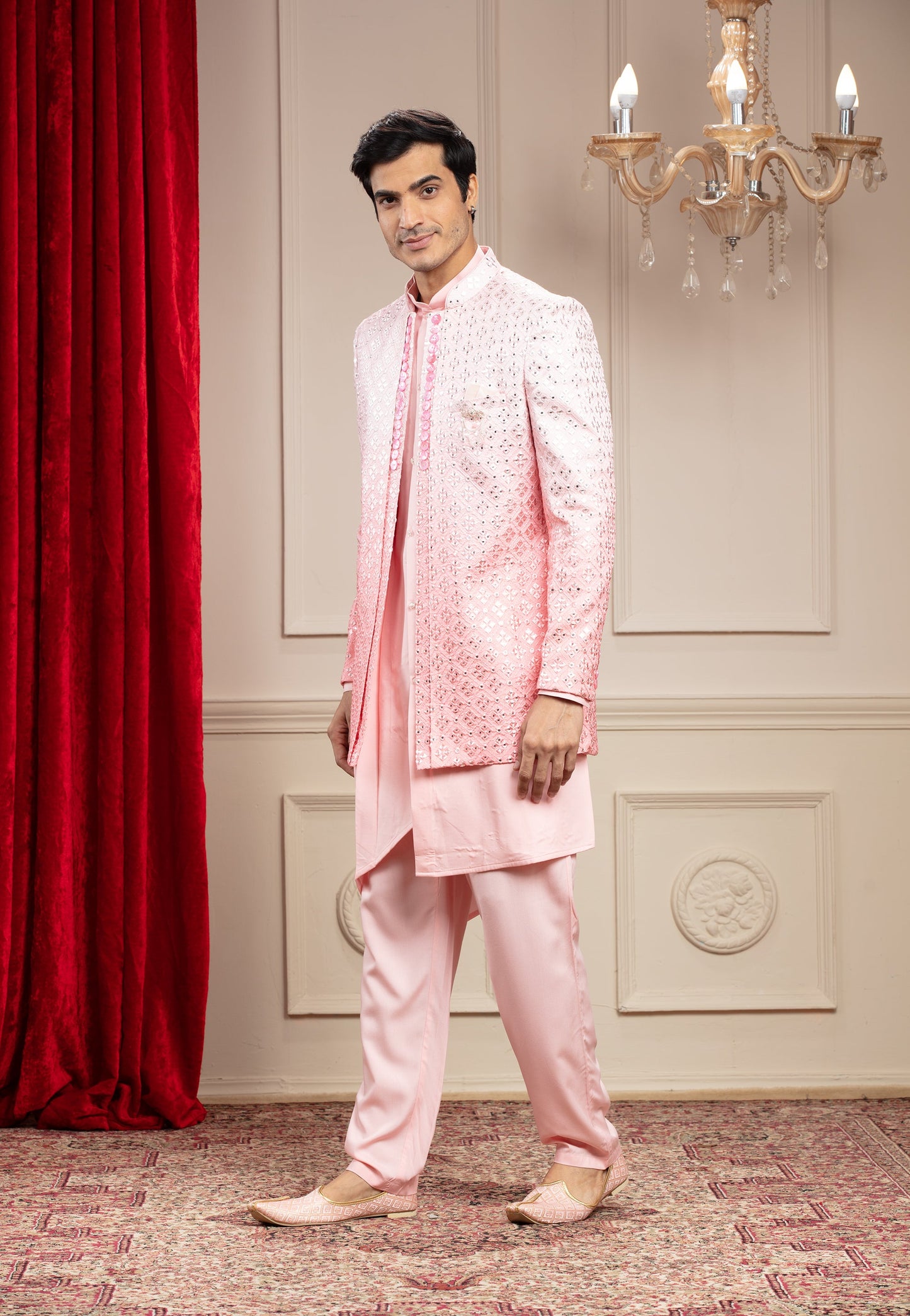 Pastel Pink Asymmetrical Open Jodhpuri set with mirror and sequins