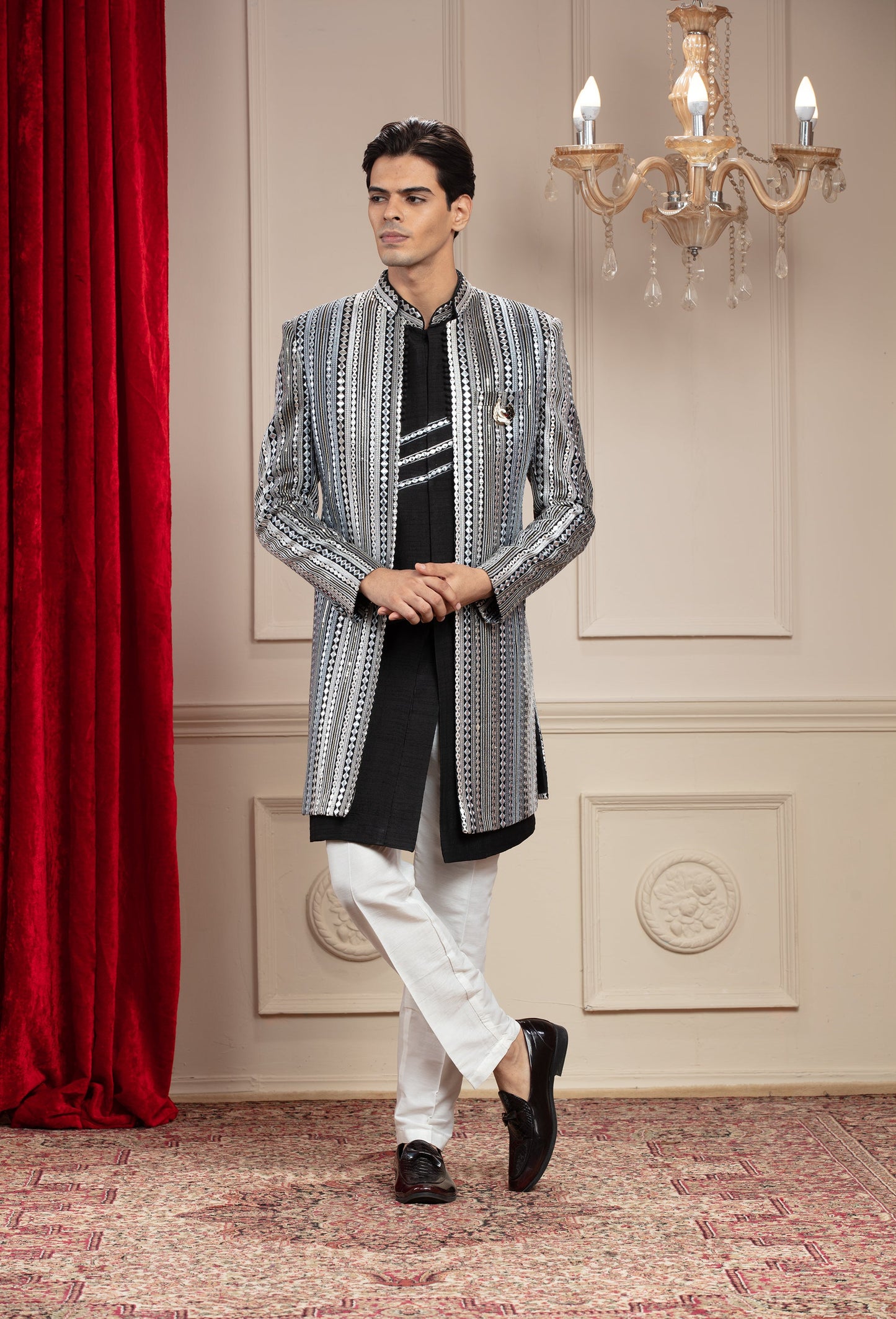 Onyx Black Open indo western with mirror and sequins work and embellishments