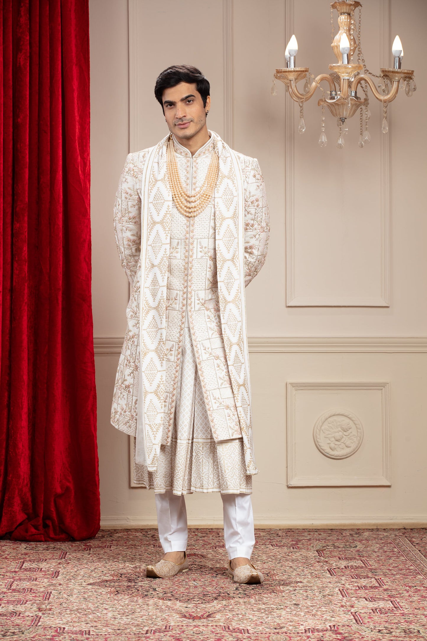 Cream White Anarkali Sherwani with mtaching Dupatta and embellishments