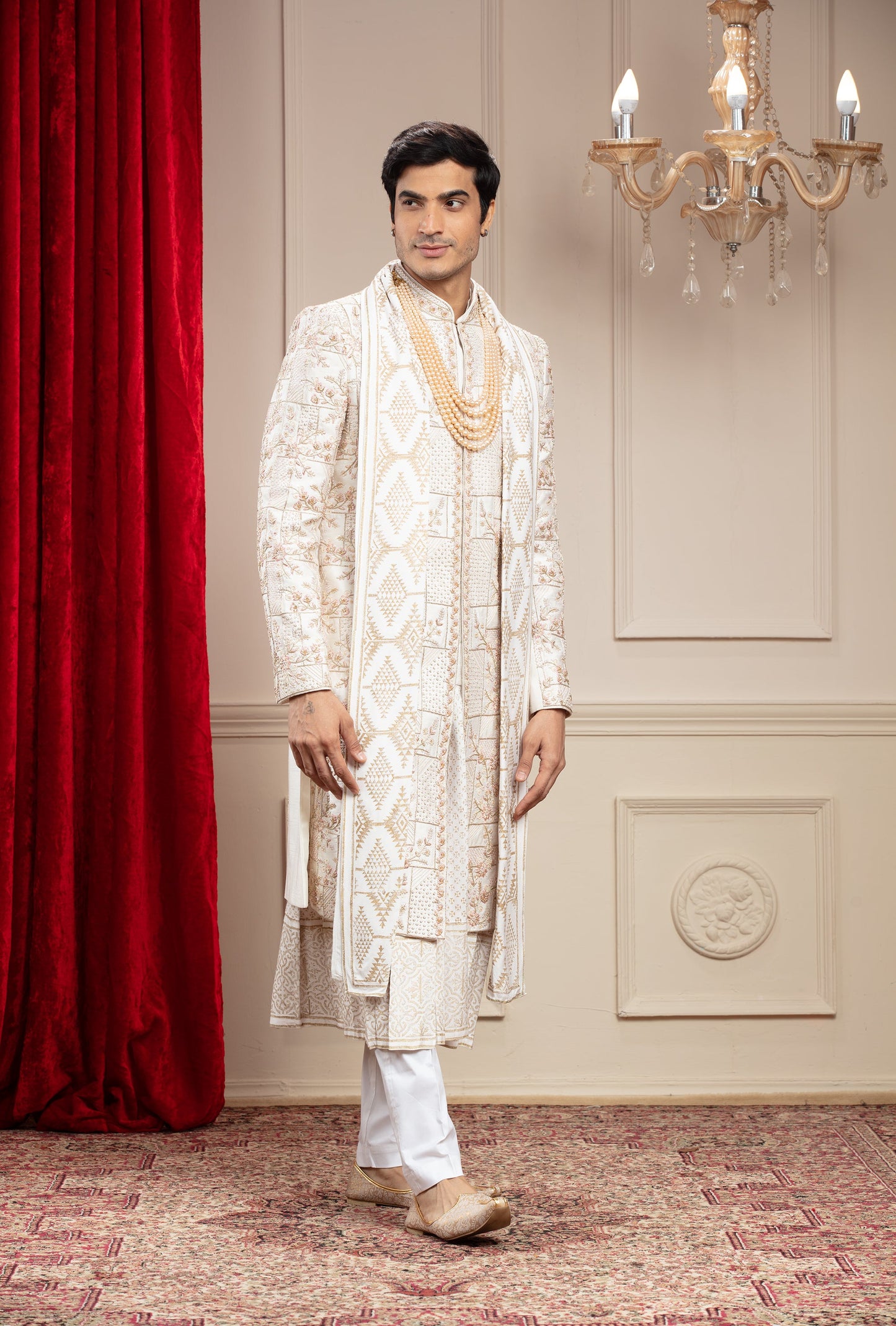 Cream White Anarkali Sherwani with mtaching Dupatta and embellishments