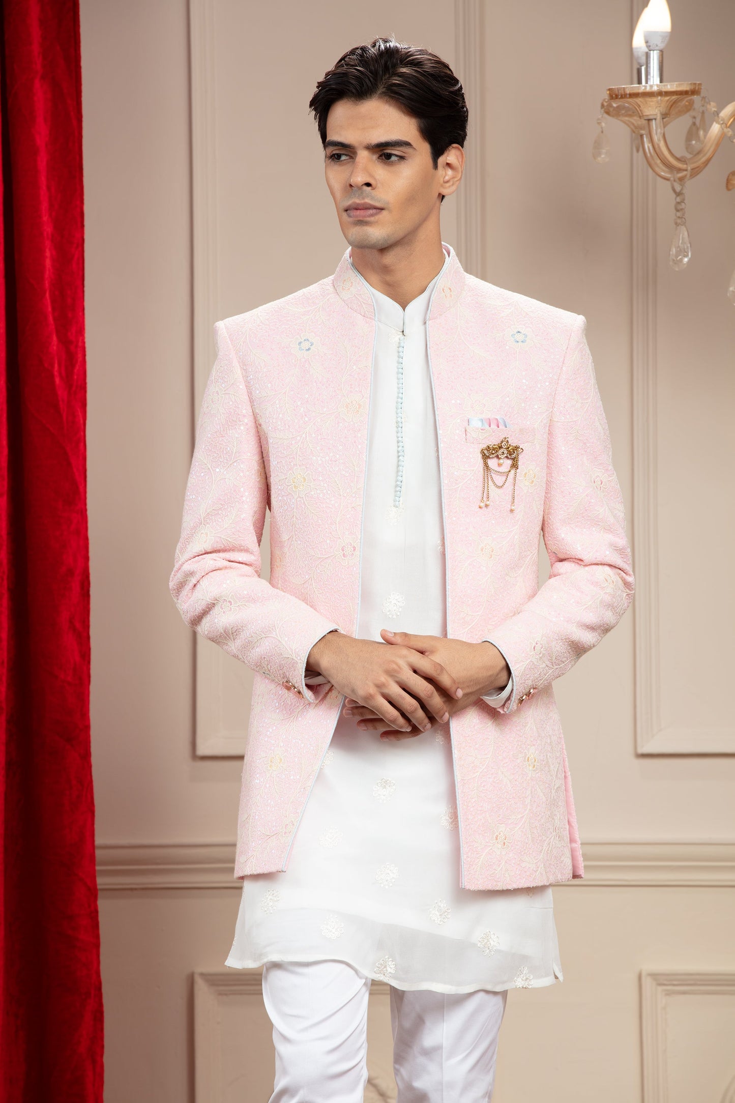 Blush Pink Open Jodhpuri with Resham Thread work and embellishments