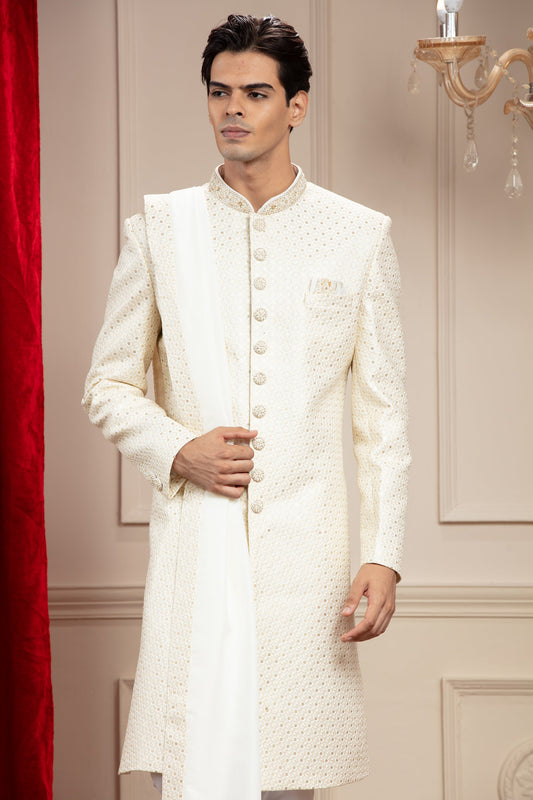 Alabaster White Lucknowi Sherwani with matching Dupatta and embellishments