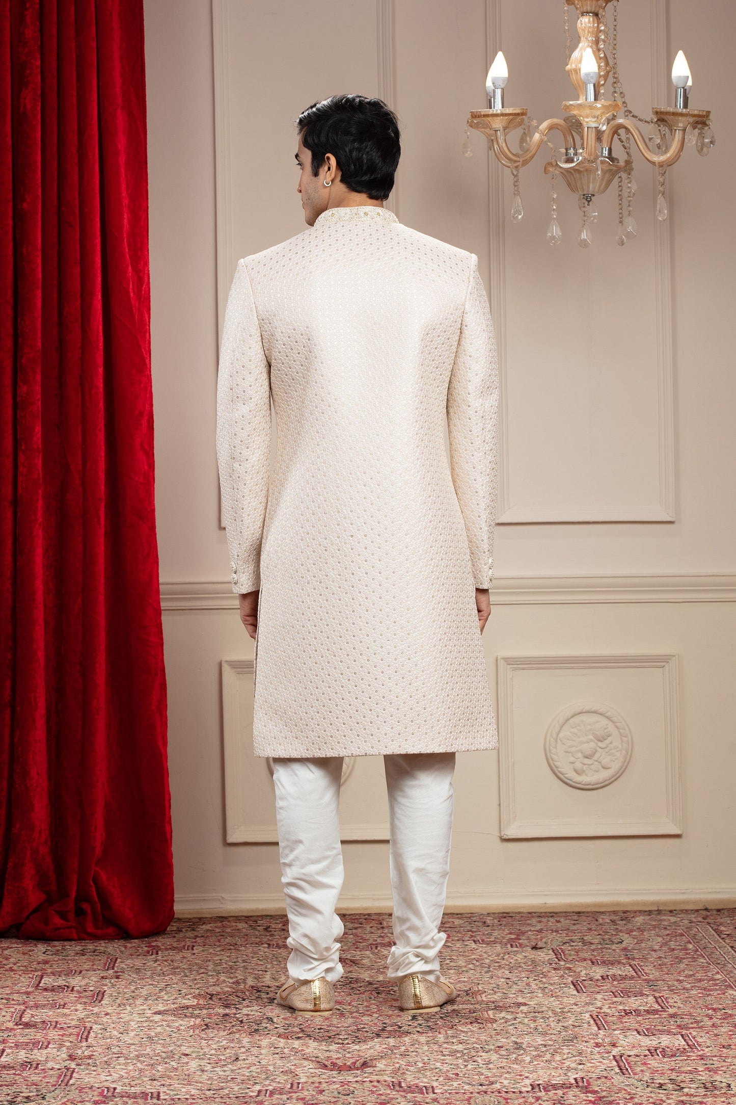 Porcelain White Lucknowi Sherwani with matching Dupatta and embellishments